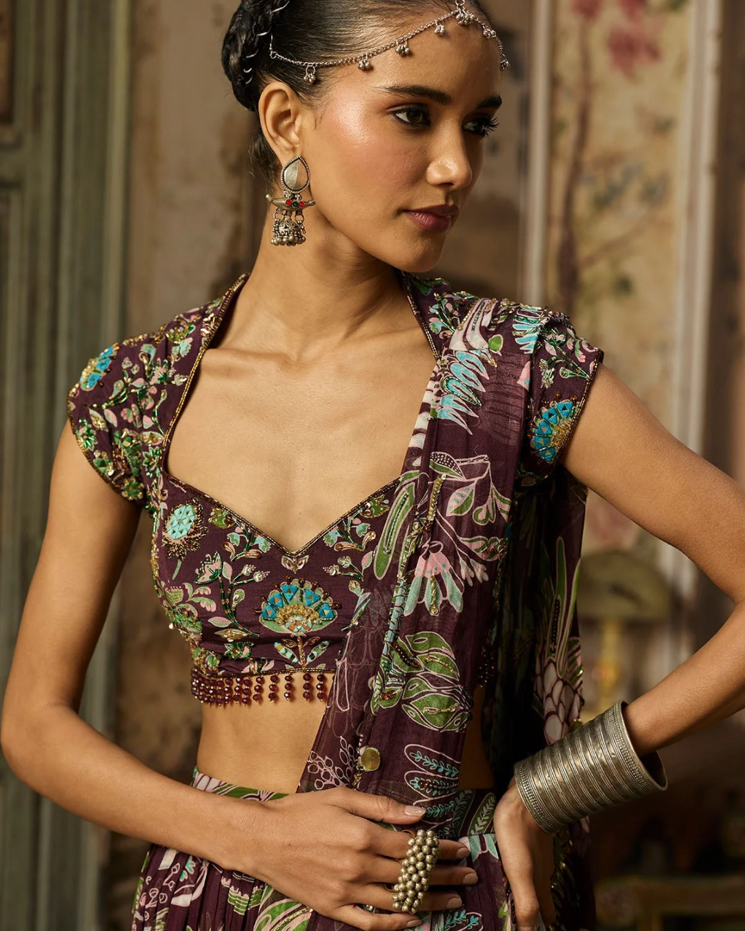Diya Rajvvir - Plum Print And Highlighted Tiered Skirt Saree Set from Bahaar