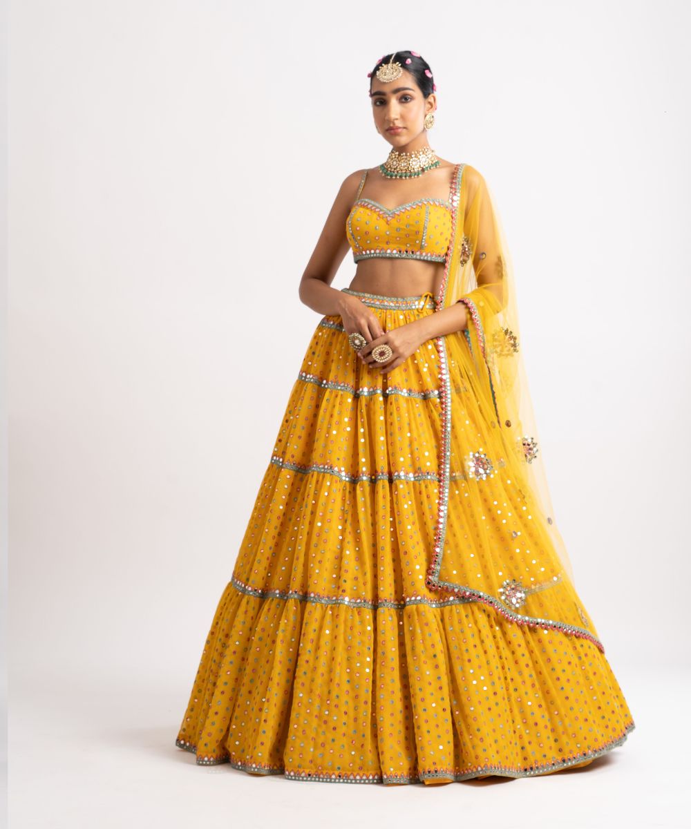 Yellow Noodle Strap Multi Tier Lehenga Set - Collection name Rang by Vvani vats