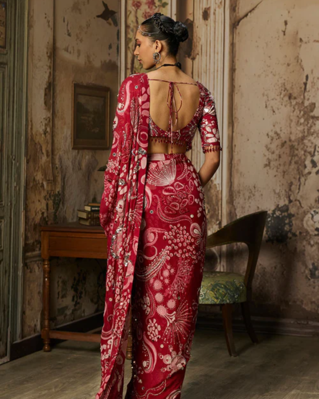 Diya Rajvvir - Scarlet Red Printed And Highlighted Classic Saree Set from Bahaar