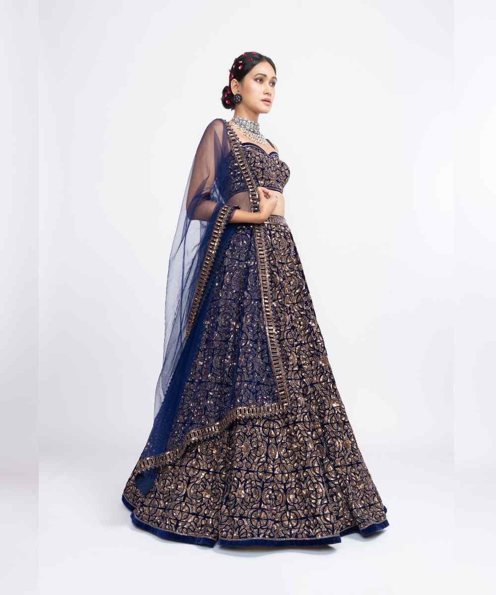 Navy blue fully embroidered corset lehenga set