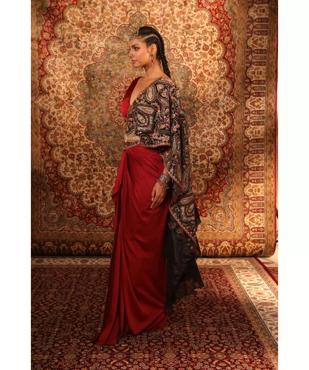 ADITI GUPTA - Red Jamawaar Draped Saree Skirt