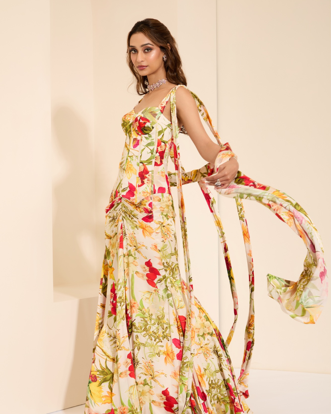 K&A by Karishma and Ashita - Ivory Blossom Corset With Skirt and Stole