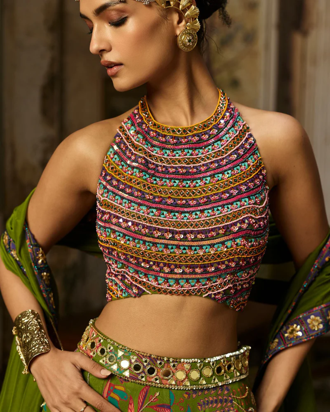 Diya Rajvvir - Colorful Embroidered Blouse With Pear Green Lehenga Set from Bahaar