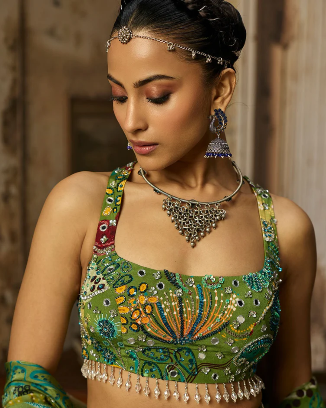 Diya Rajvvir - Pear Green Printed And Highlighted Mermaid Skirt Set from Bahaar