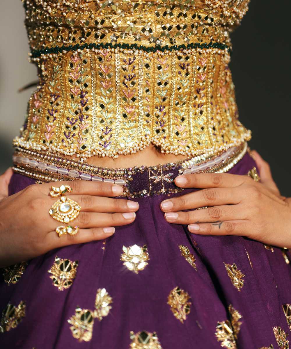 BINDIYA - HAND EMBROIERED BOOTI LEHENGA WITH GOLDEN CORSET AND DUPATTA- Mehfil by Mahima Mahajan