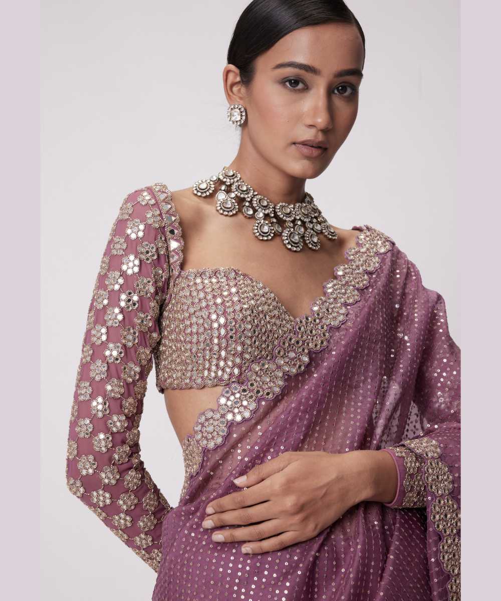 MUD  MAUVE HAND EMBROIDERED ORGANZA SAREE SET - Jugmug Bride by Vvani Vats