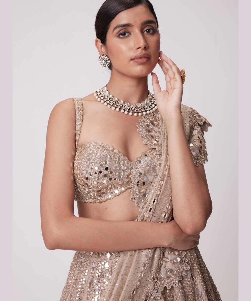 LIGHT BEIGE SEQUIN EMBROIDERED LEHENGA SET - Jugmug Bride by Vvani Vats