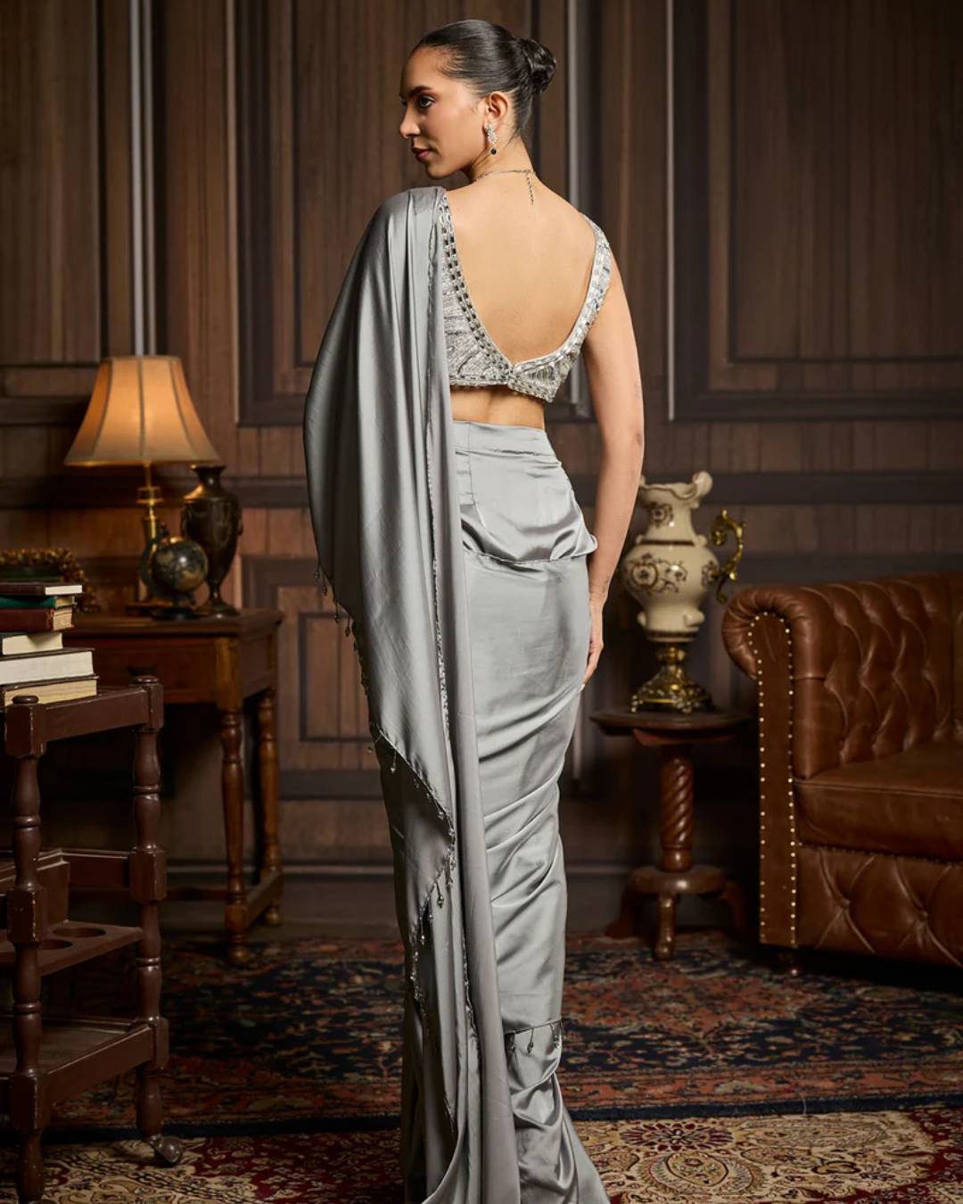 Diya Rajvvir - Silver Embellished Blouse And Pre-Draped Saree Set from Taara