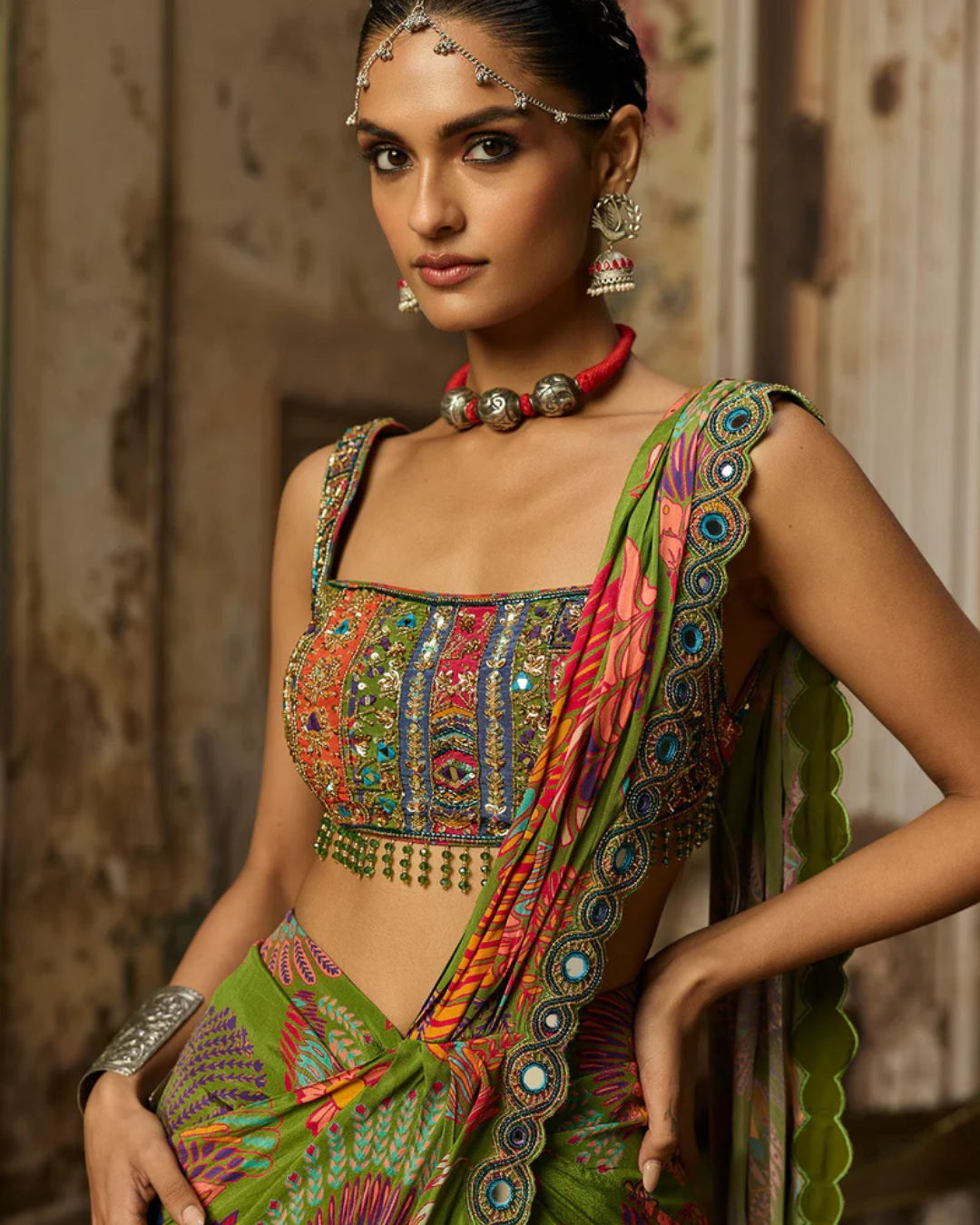 Diya Rajvvir - Pear Green Printed And Highlighted Pre-Draped Slit Skirt Saree Set from Bahaar