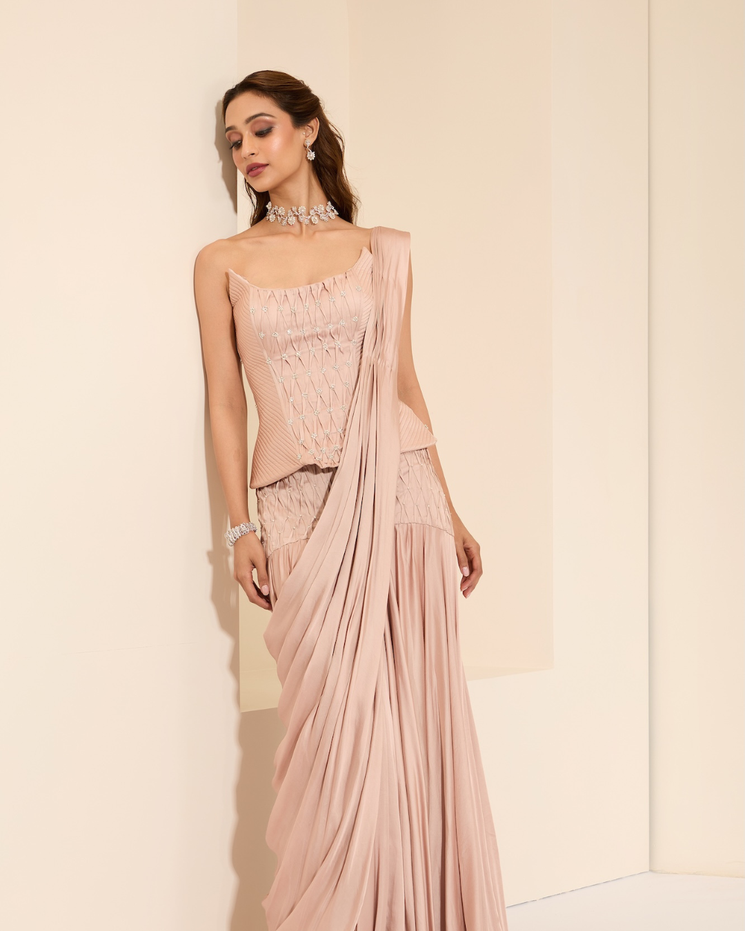K&A by Karishma and Ashita - Silken Blush Corset & Drape