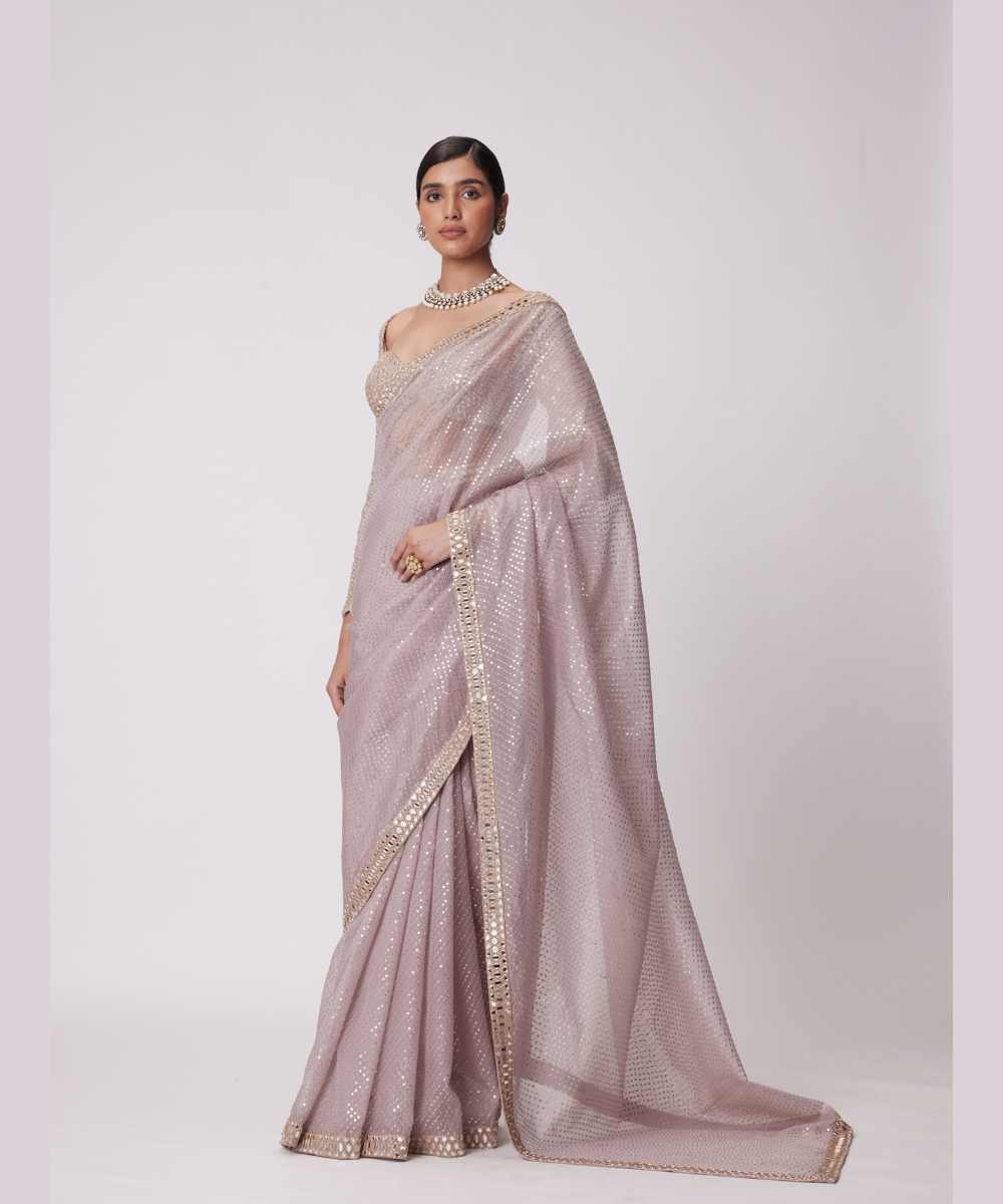 ASH PINK HAND EMBROIDERED ORGANZA SAREE SET -  Jugmug Bride by Vvani Vats