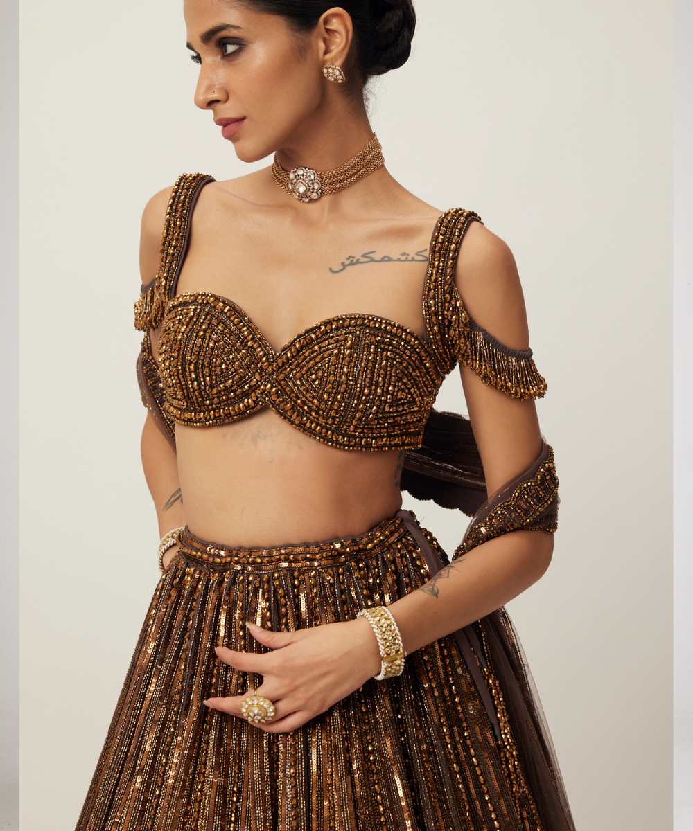 Copper crystal Linear embroidered Lehenga set - Collection name Maya by Vvani Vats