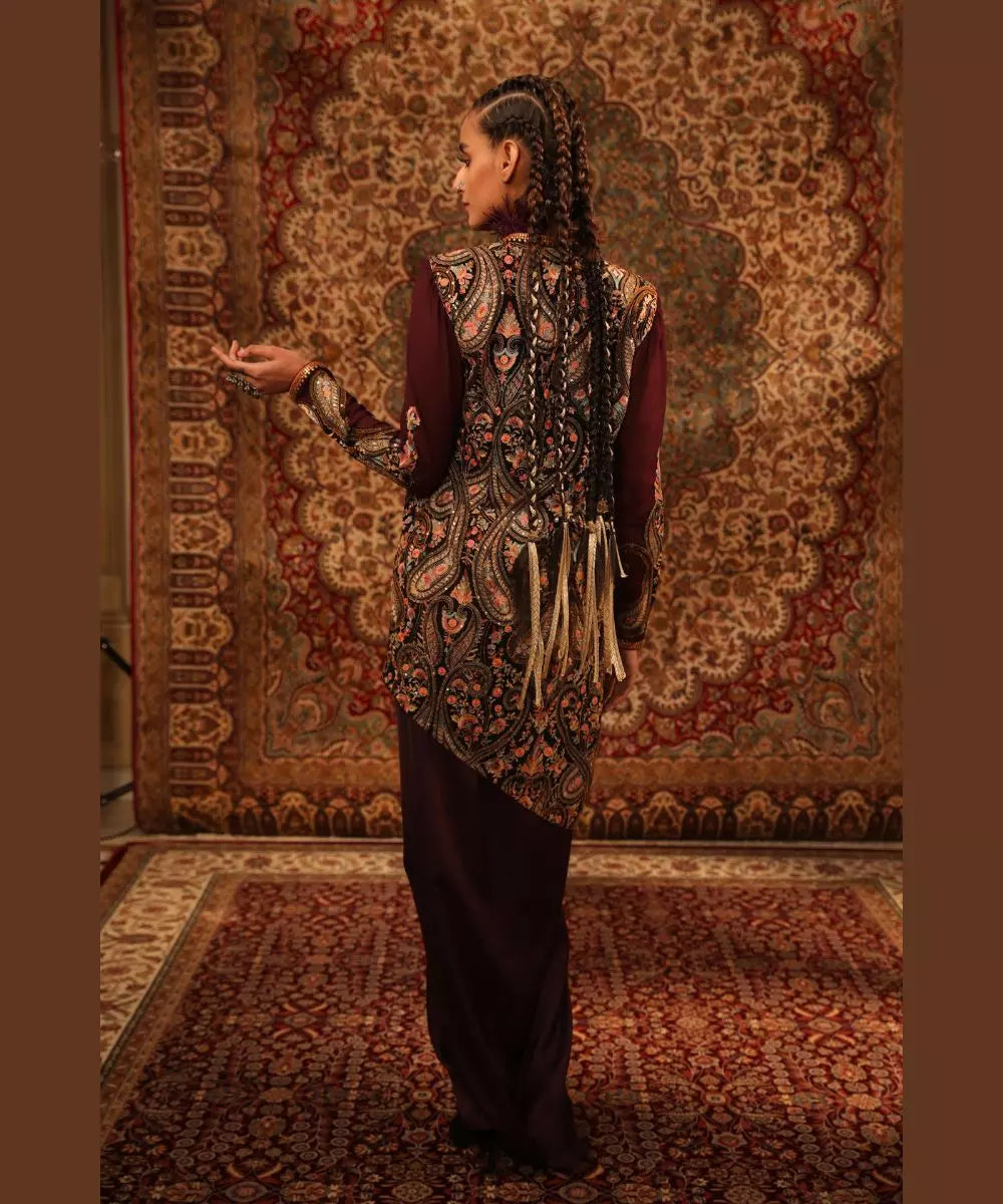 ADITI GUPTA -  Wine jamawaar Jacket with Fur knotted Blouse Draped Skirt