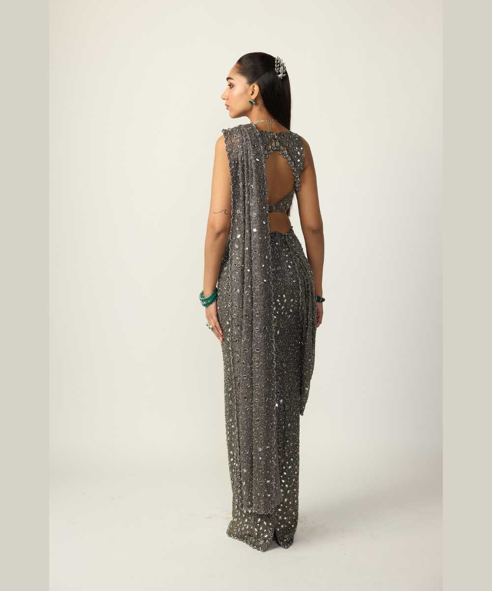 Metallic Grey Draped Saree Set