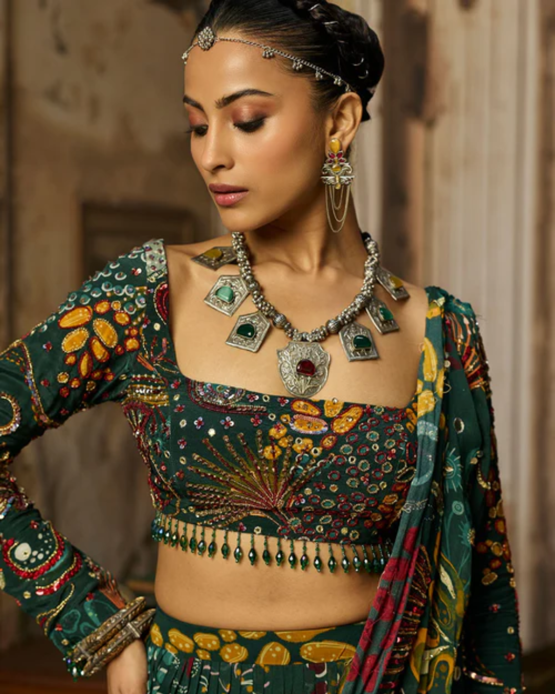 Diya Rajvvir - Dark Green Printed And Highlighted Tiered Skirt Saree Set from Bahaar