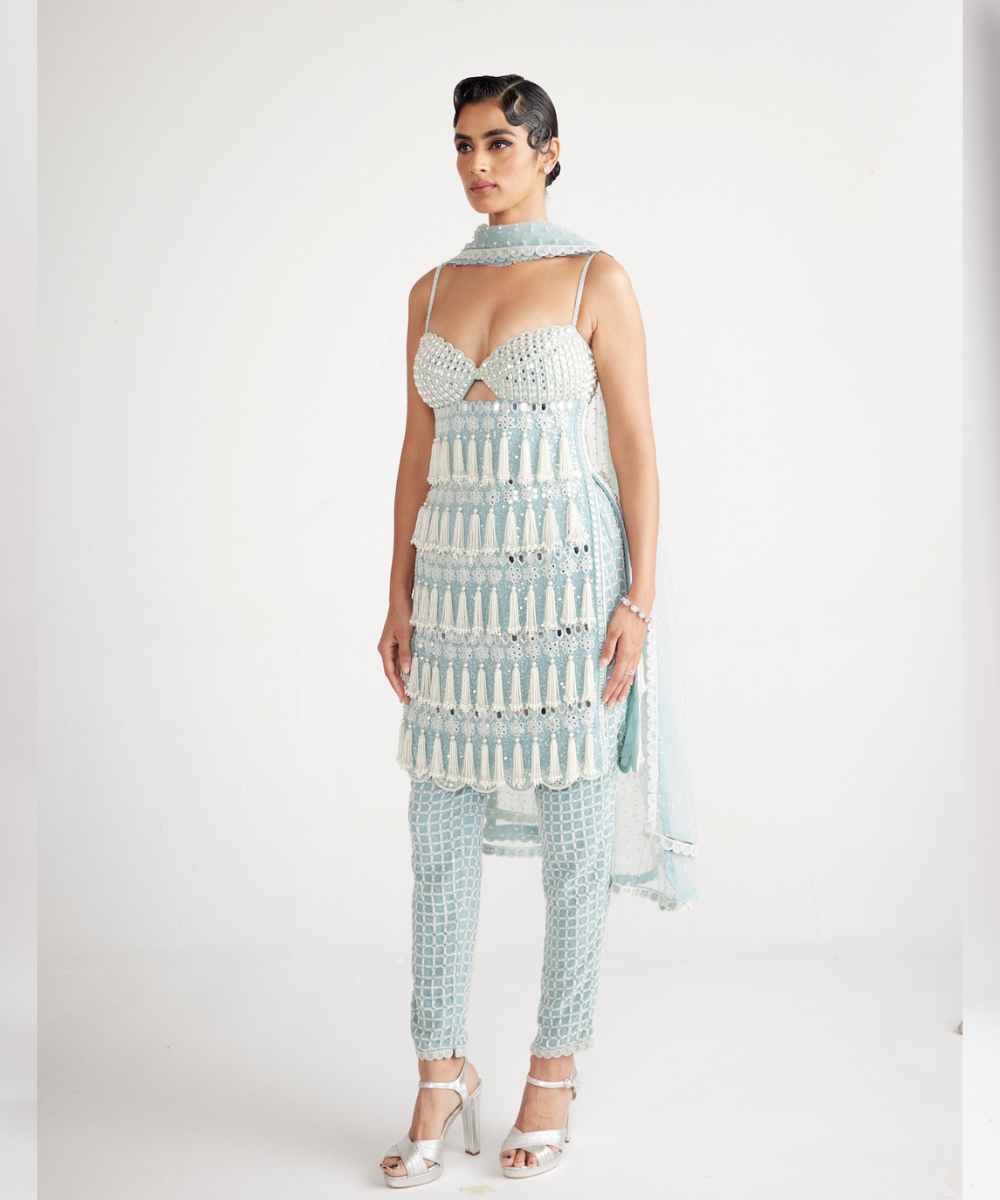 Powder Blue Chandelier Pearl Drop Pant Kurta Set -  Collection name Piroi by Vvani vats