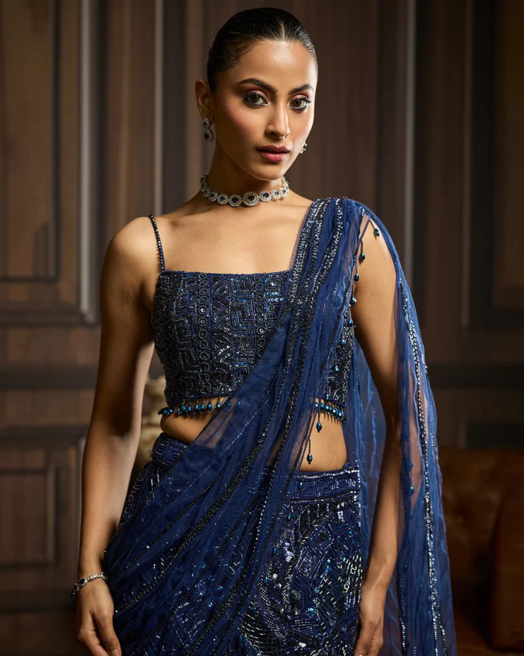 Diya Rajvvir - Midnight Blue Embellished Pre-Drapedskirt Saree Set from Taara