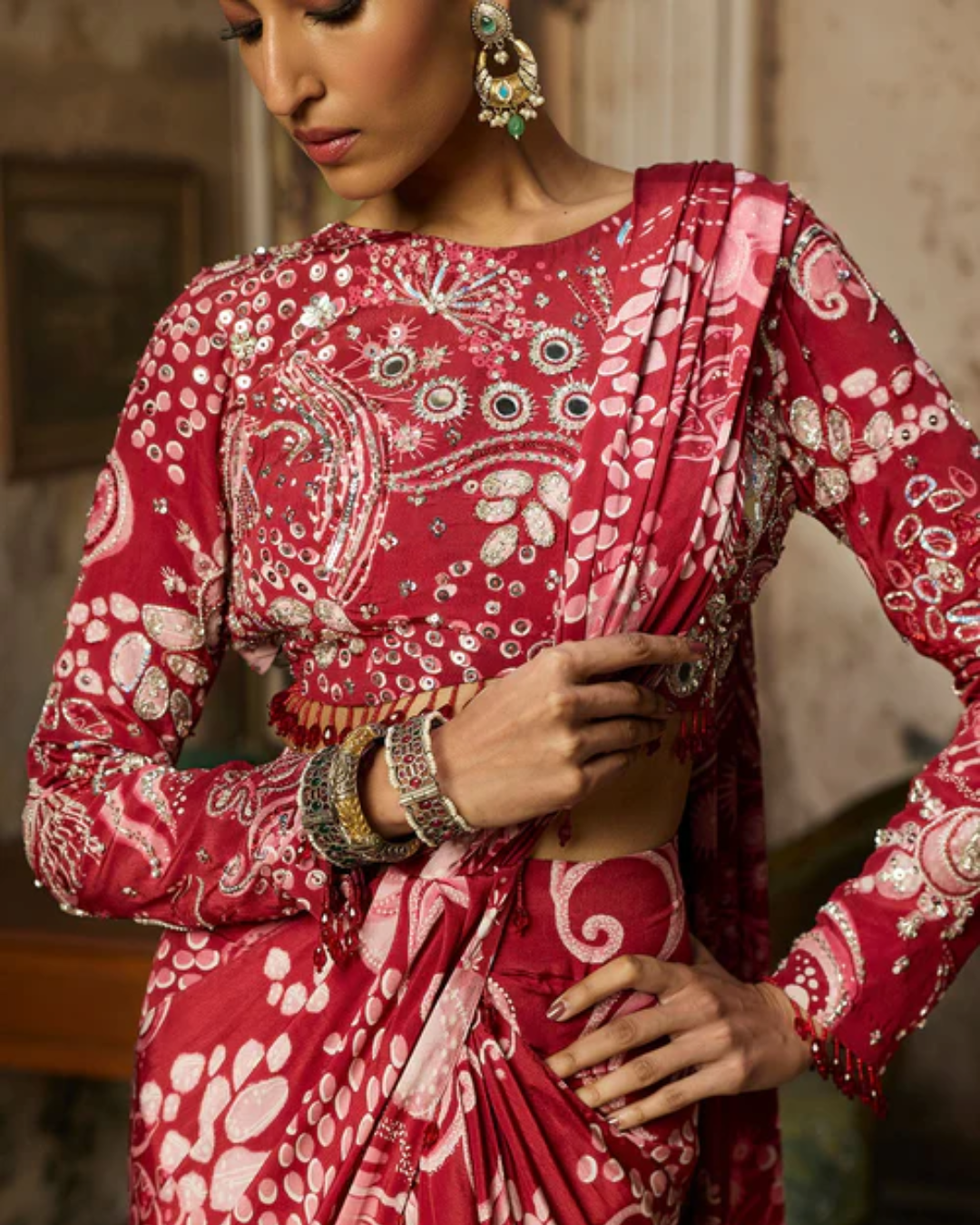 Diya Rajvvir - Scarlet Red Printed And Highlighted Dhoti Skirt Saree Set from Bahaar