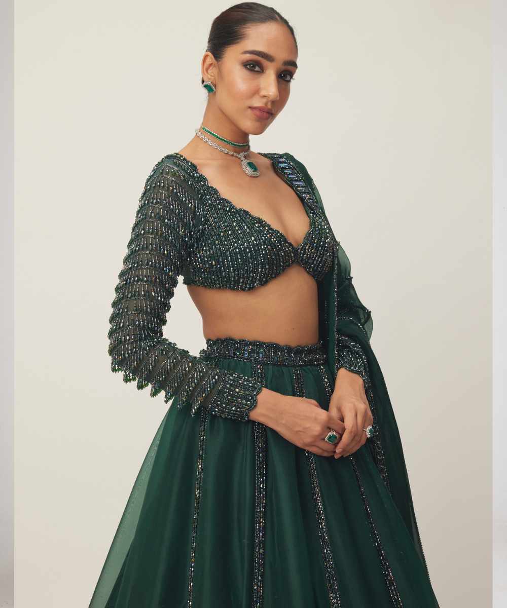 Dark Jade Green Organza Lehenga Set - Collection name Maya by Vvani Vats
