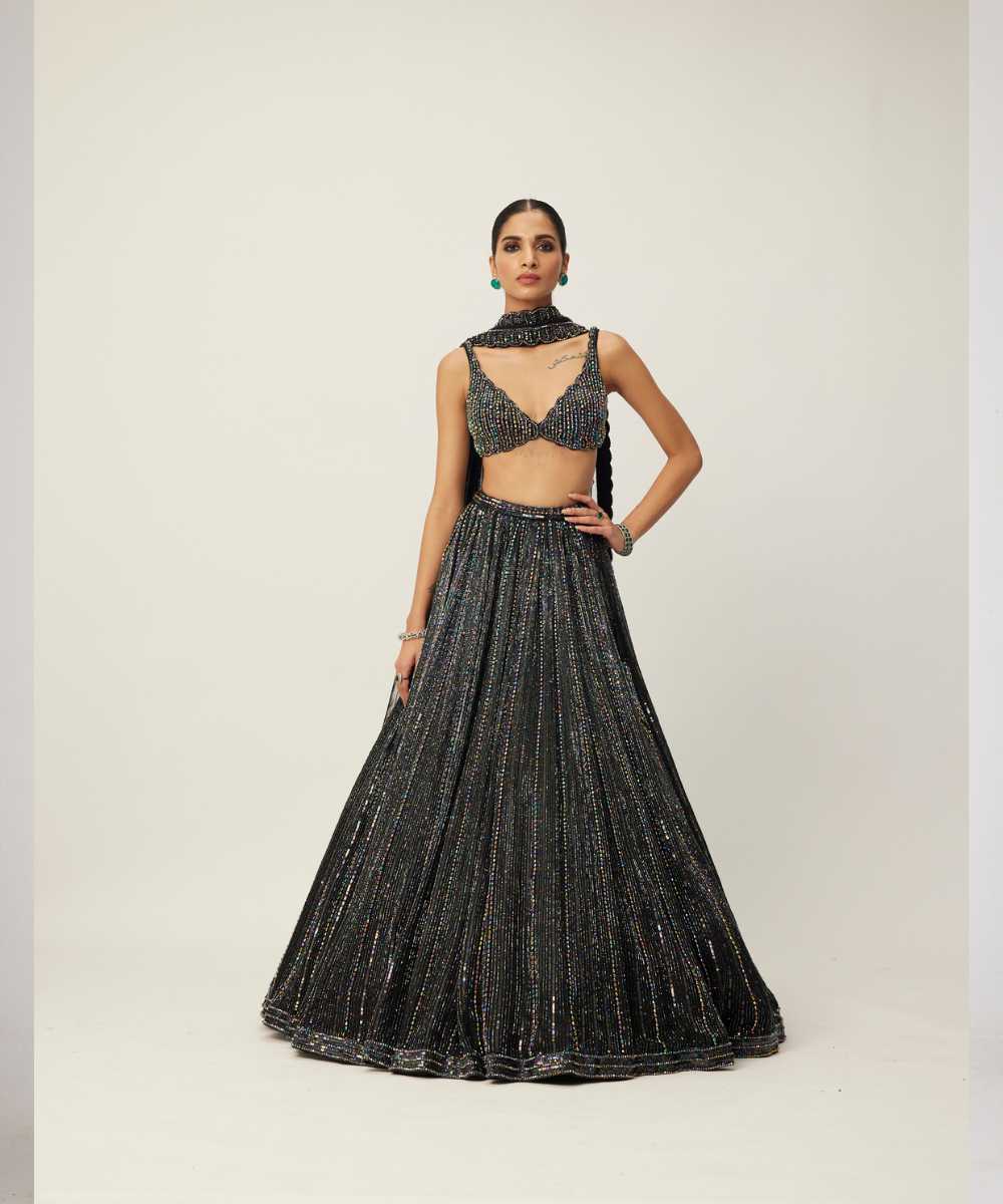 Black crystal Linear Embroidered Lehenga Set - Collection name Maya by Vvani Vats