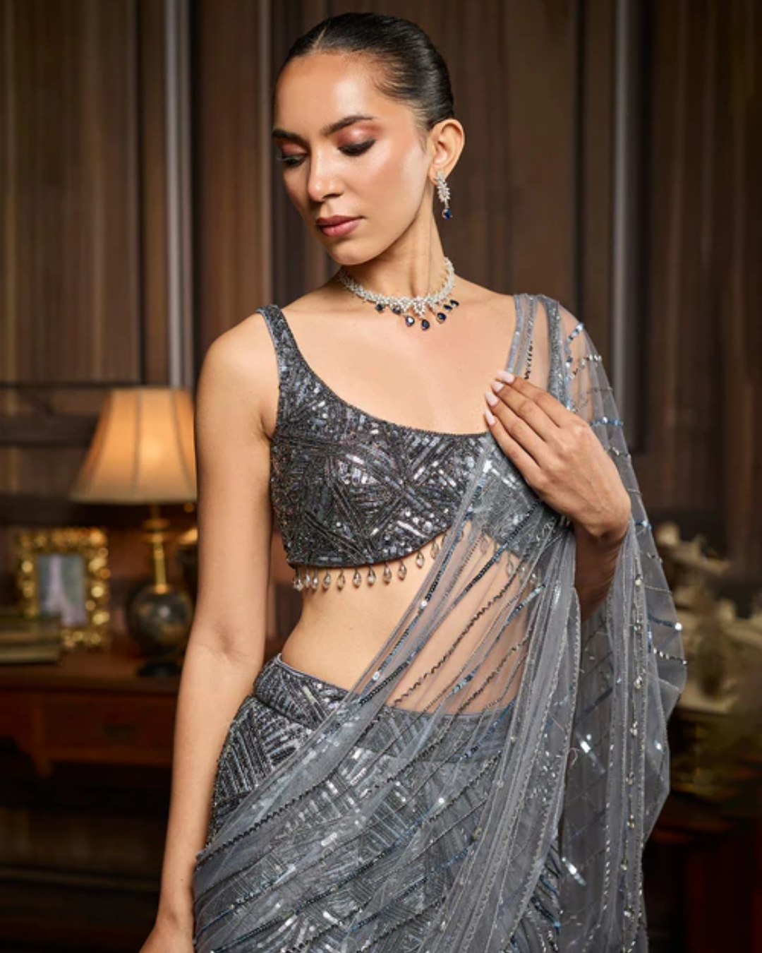 Diya Rajvvir - Silver Embellished Mirrorwork Lehenga Set from Taara