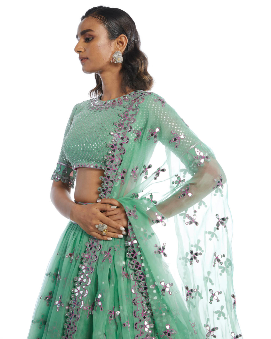 Vvani Vats -  Dull Mint Kinfe Pleated Lehanga Set from Chamak