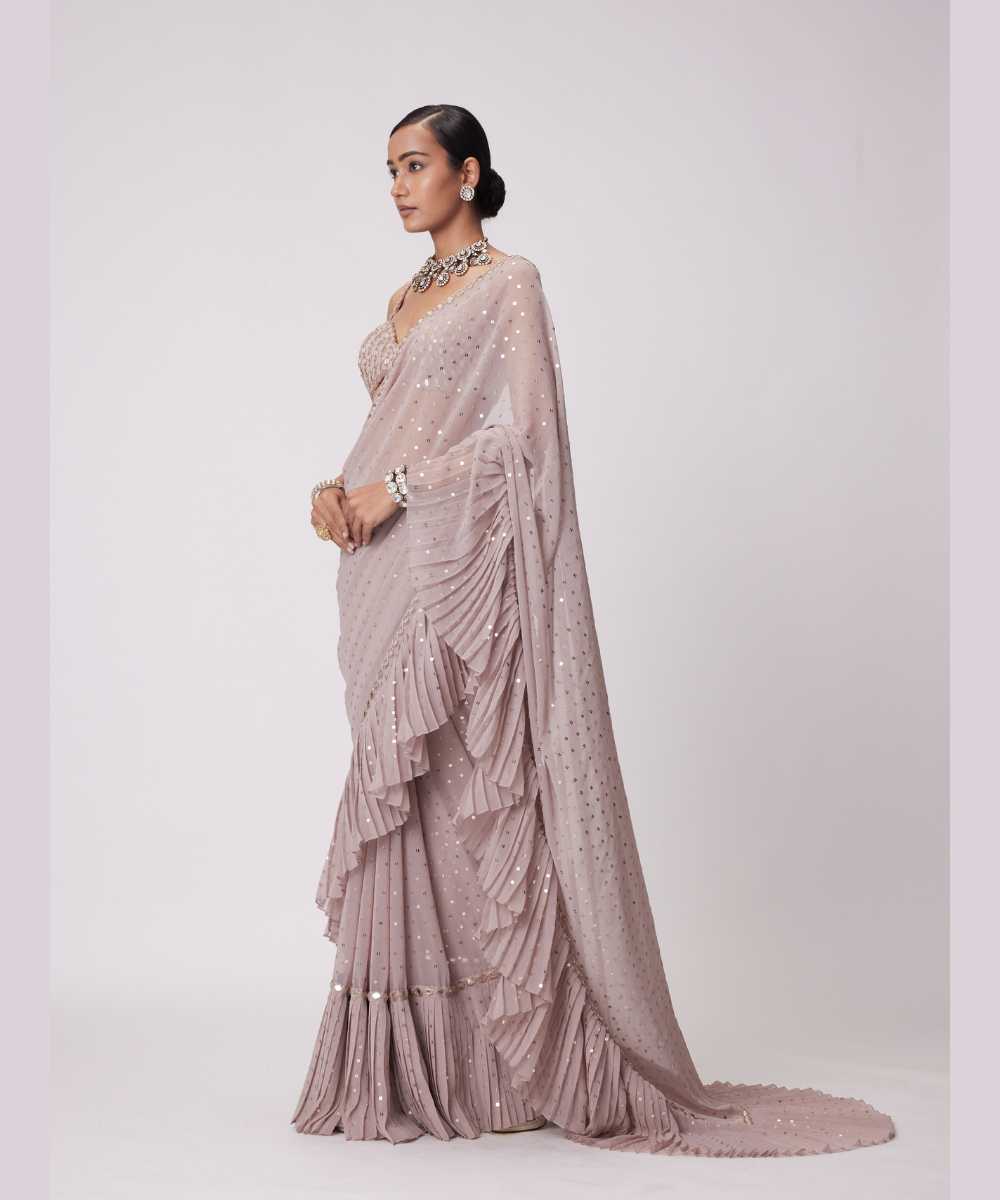 ASH PINK FRILL SAREE SET -  Jugmug Bride by Vvani Vats