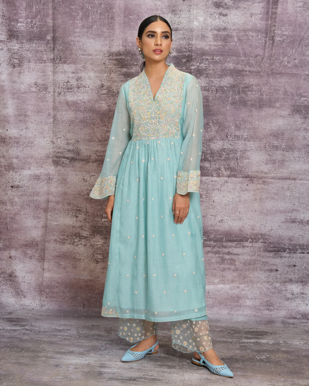 Niti Bothra - Light Blue Dori Paisley Frock Style Kurta Set (Sale Piece)