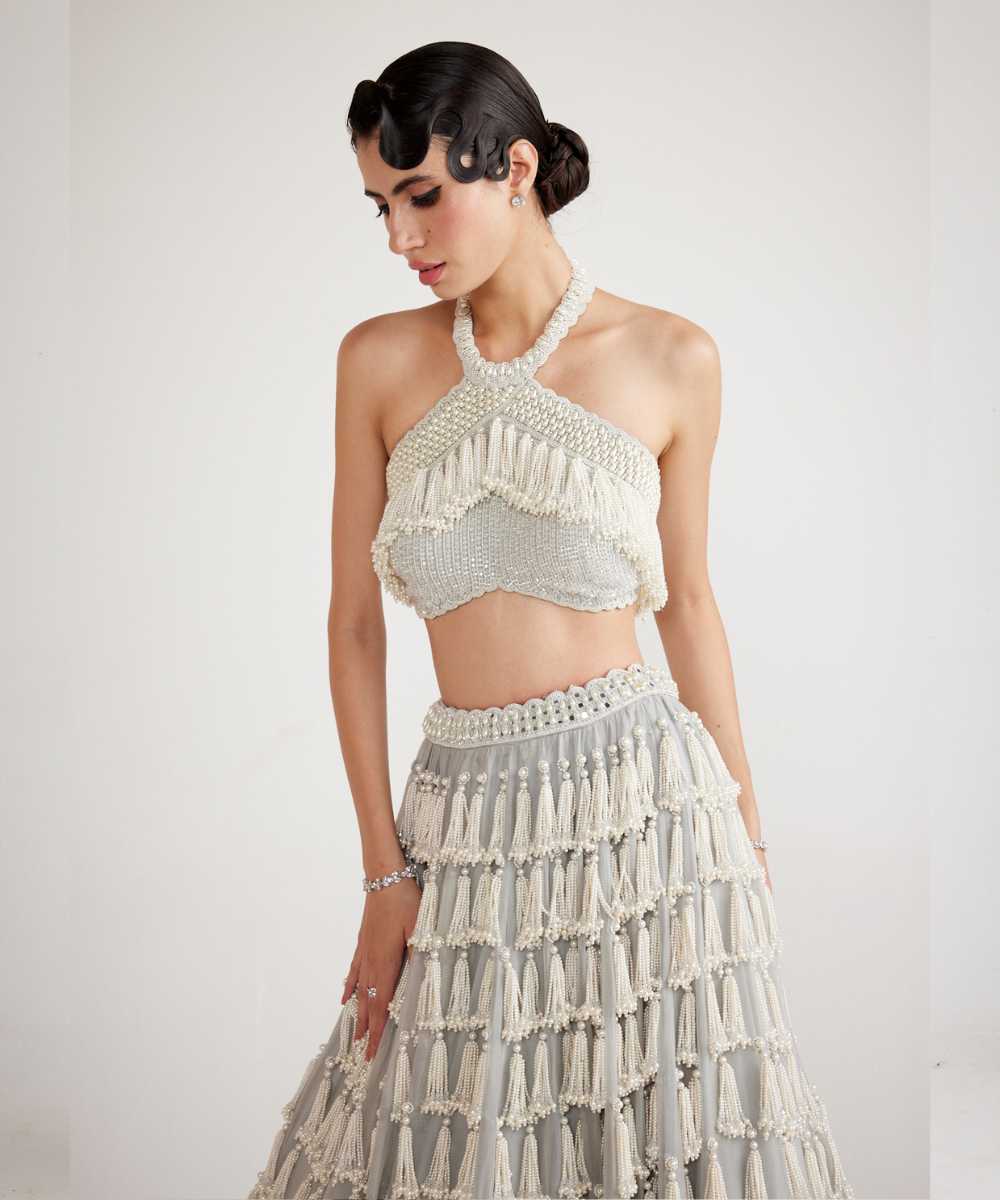 Powder Grey Chandelier Pearl Drop Crop Top Skirt Set - Collection name Piroi by Vvani vats