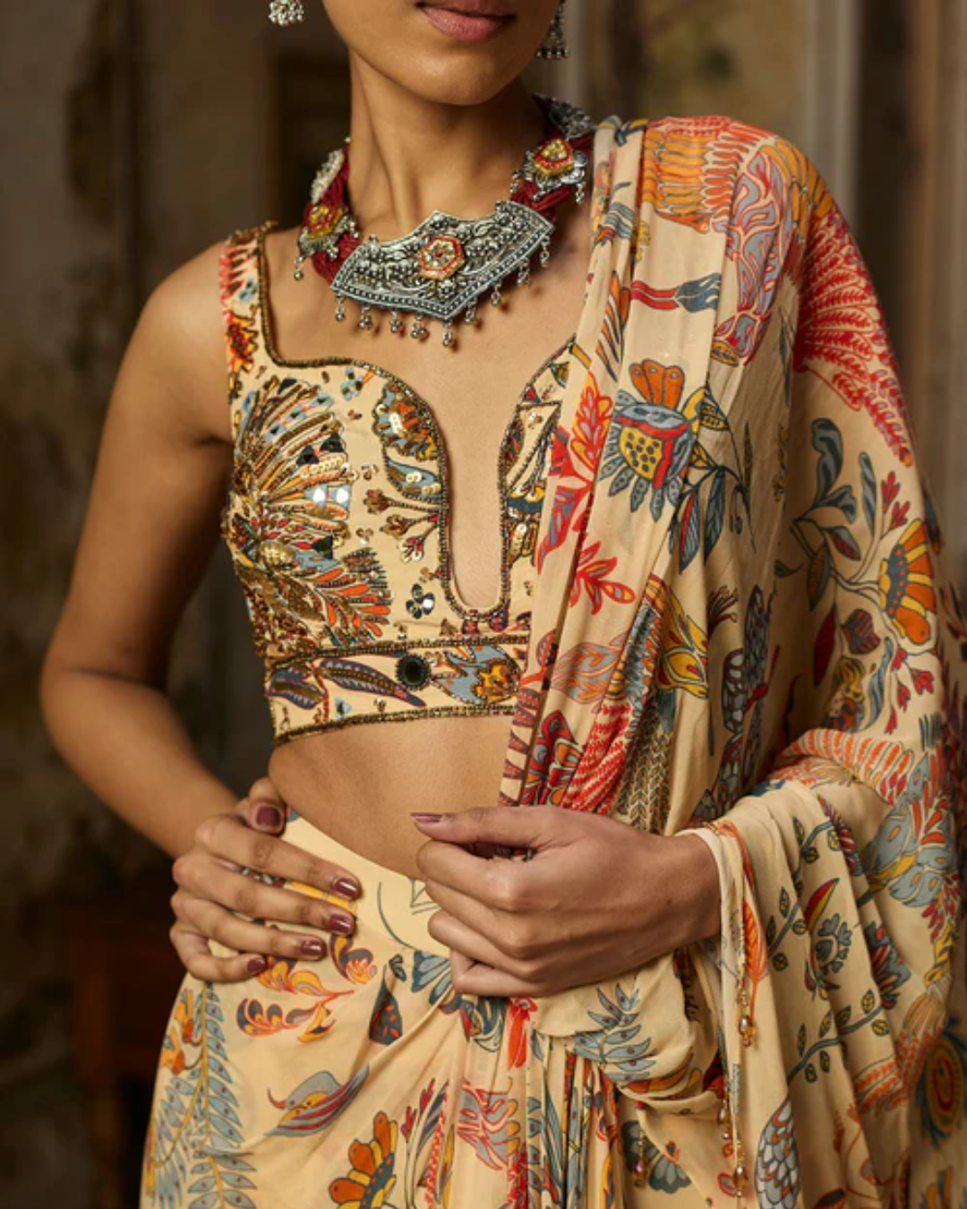Diya Rajvvir - Beige Printed And Highlighted Blouse Skirt Saree Set from Bahaar