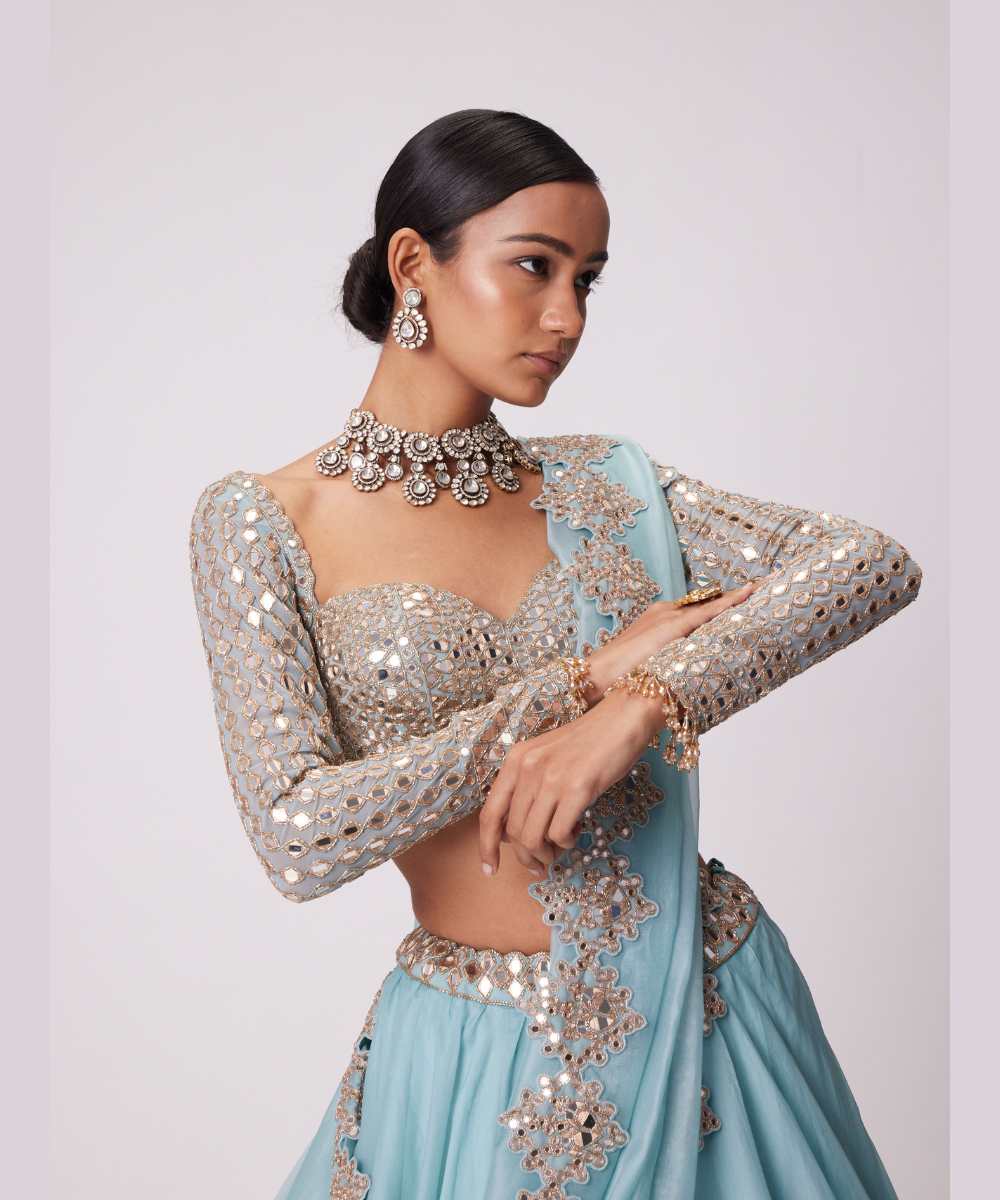 POWDER BLUE ORGANZA MIRROR EMBROIDERED LEHENGA SET -  Collection name Jugmug Bride by Vvani Vats