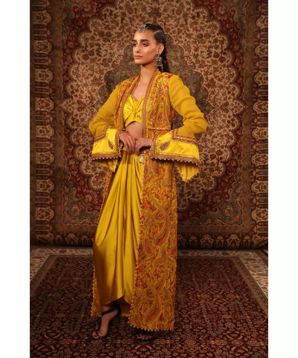 ADITI GUPTA - Mustard Blouse Draped Skirt and Jamawaar Jacket