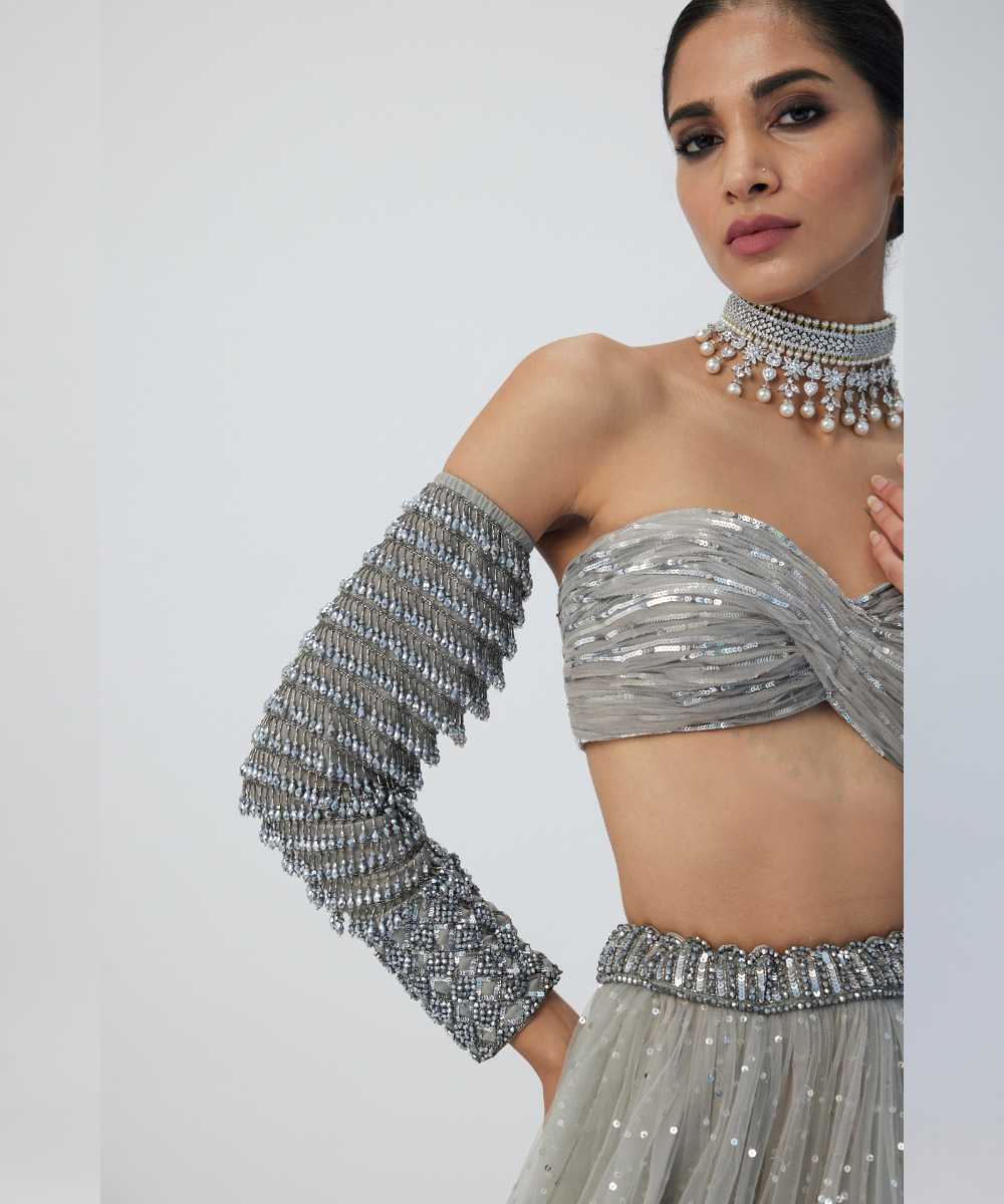 Crystal Grey Tulle Lehenga Set -  Collection name Maya by Vvani Vats