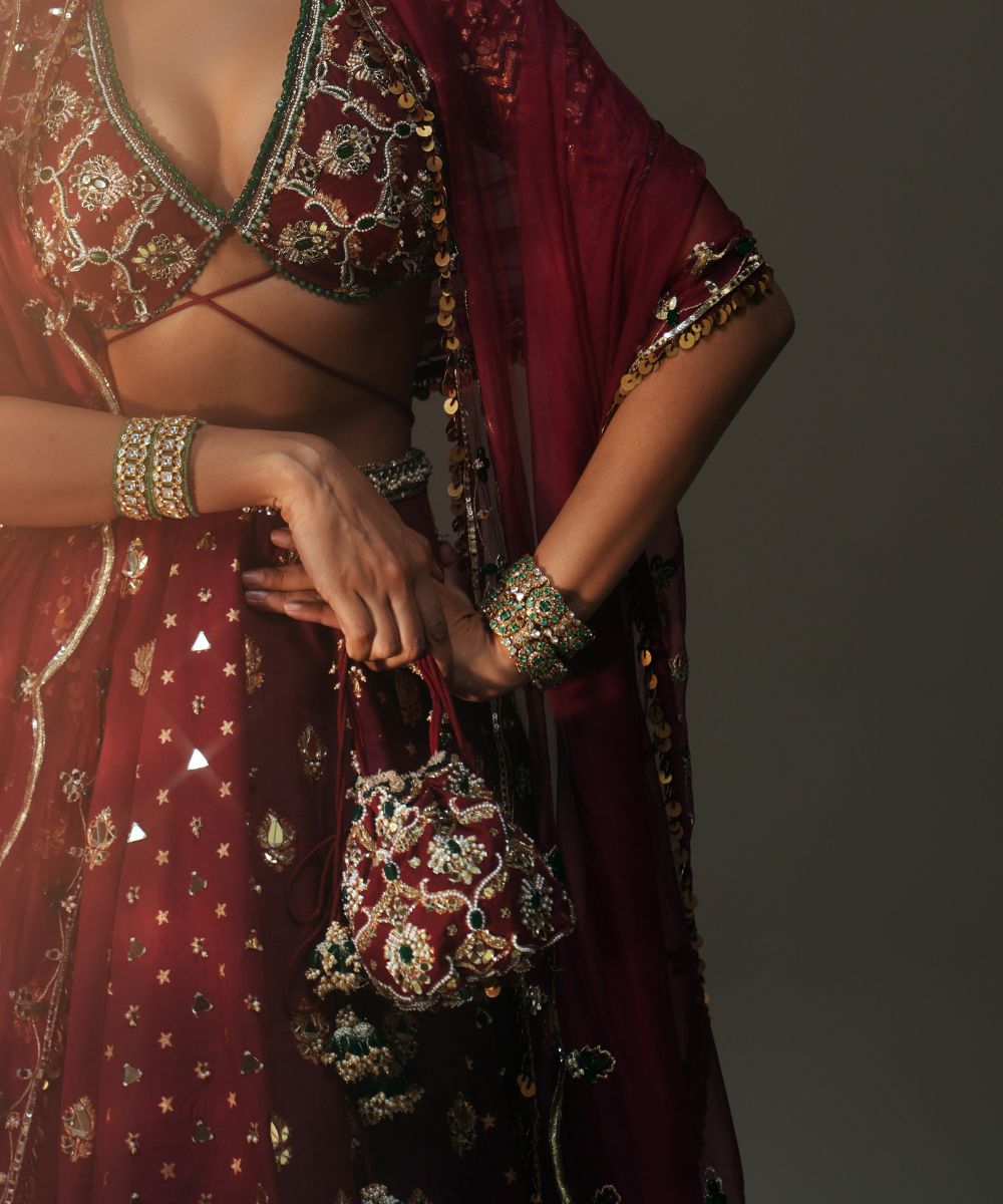 SINDORI RED HAND EMBROIDERED POTLI BAG - Mehfil by Mahima Mahajan