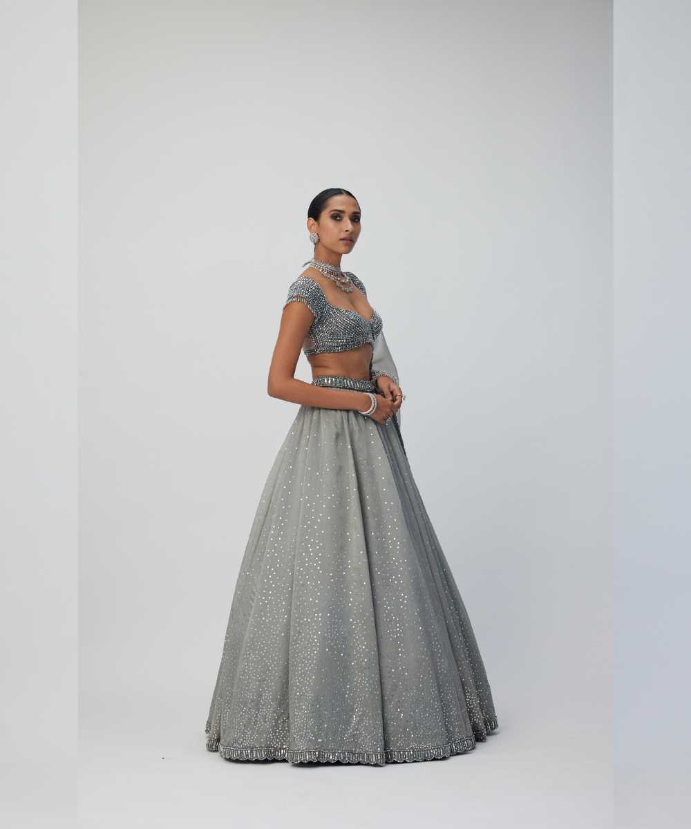 Crystal Grey Sequins Scattered Organza Lehenga Set - Collection name Maya by Vvani Vats