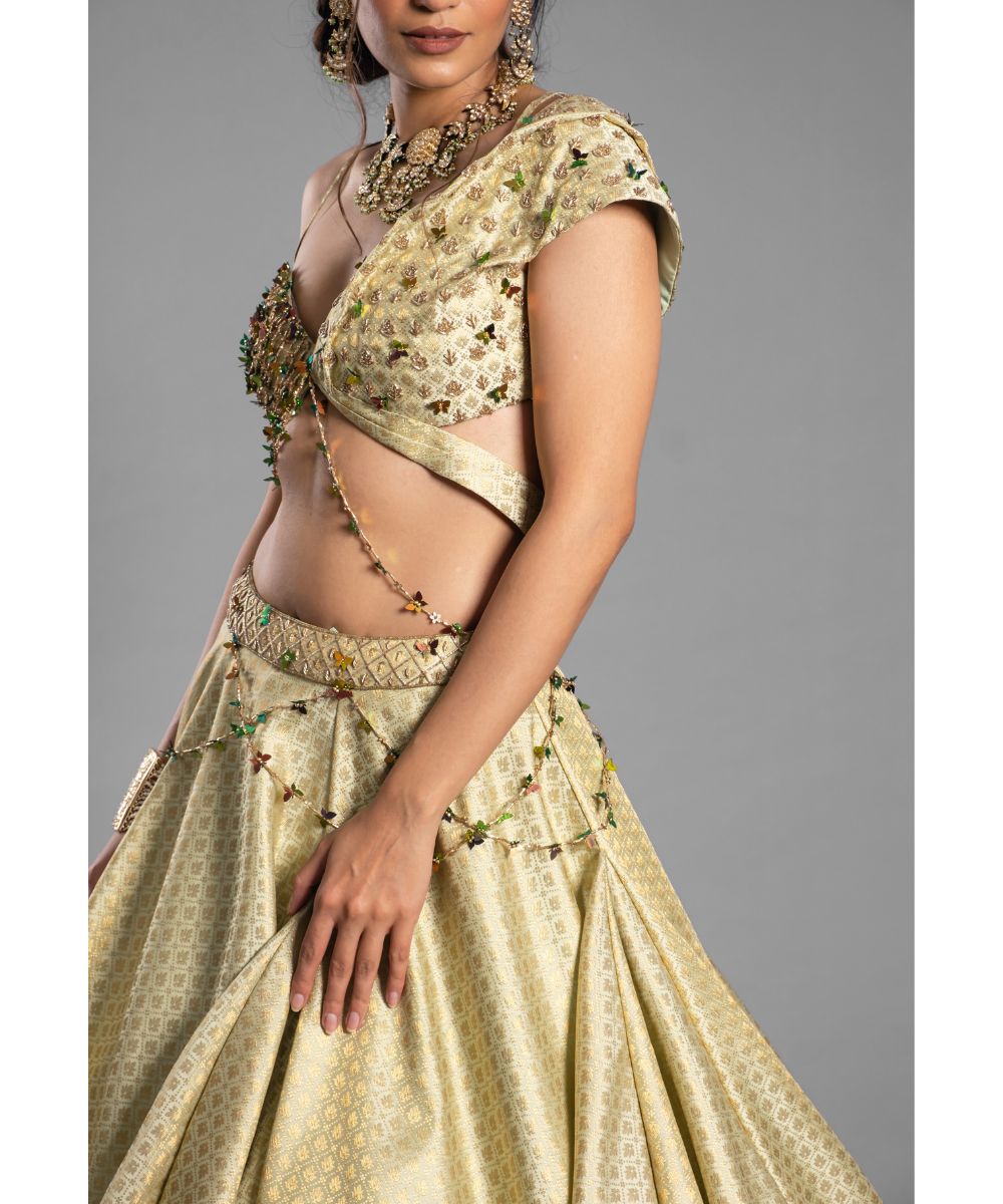 Aastha Sood - Lime Green Brocade Lehenga Asymmetrical Drape Blouse