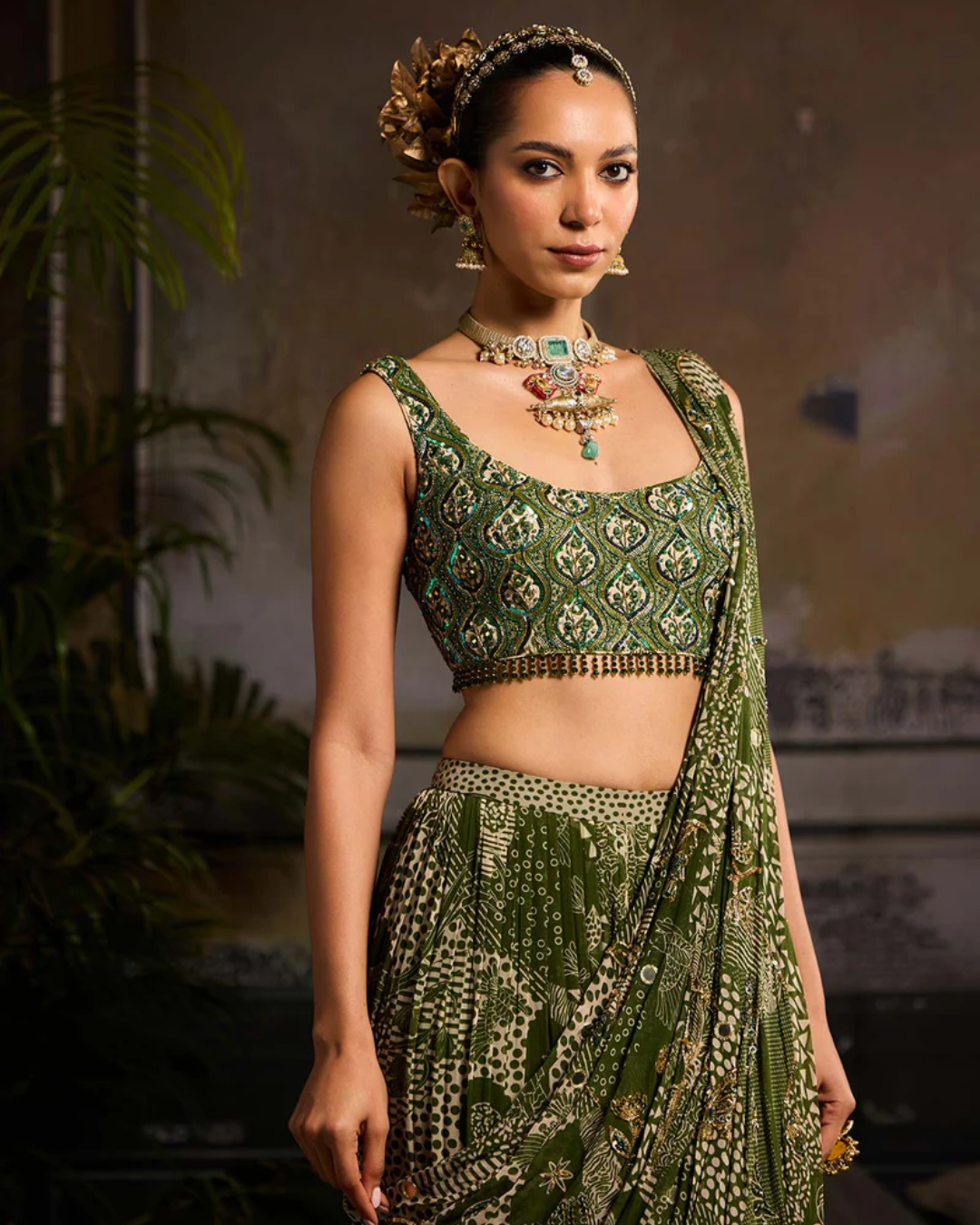 Diya Rajvvir - Sage Green Print and Highlighted Skirt Saree Set from Bahaar