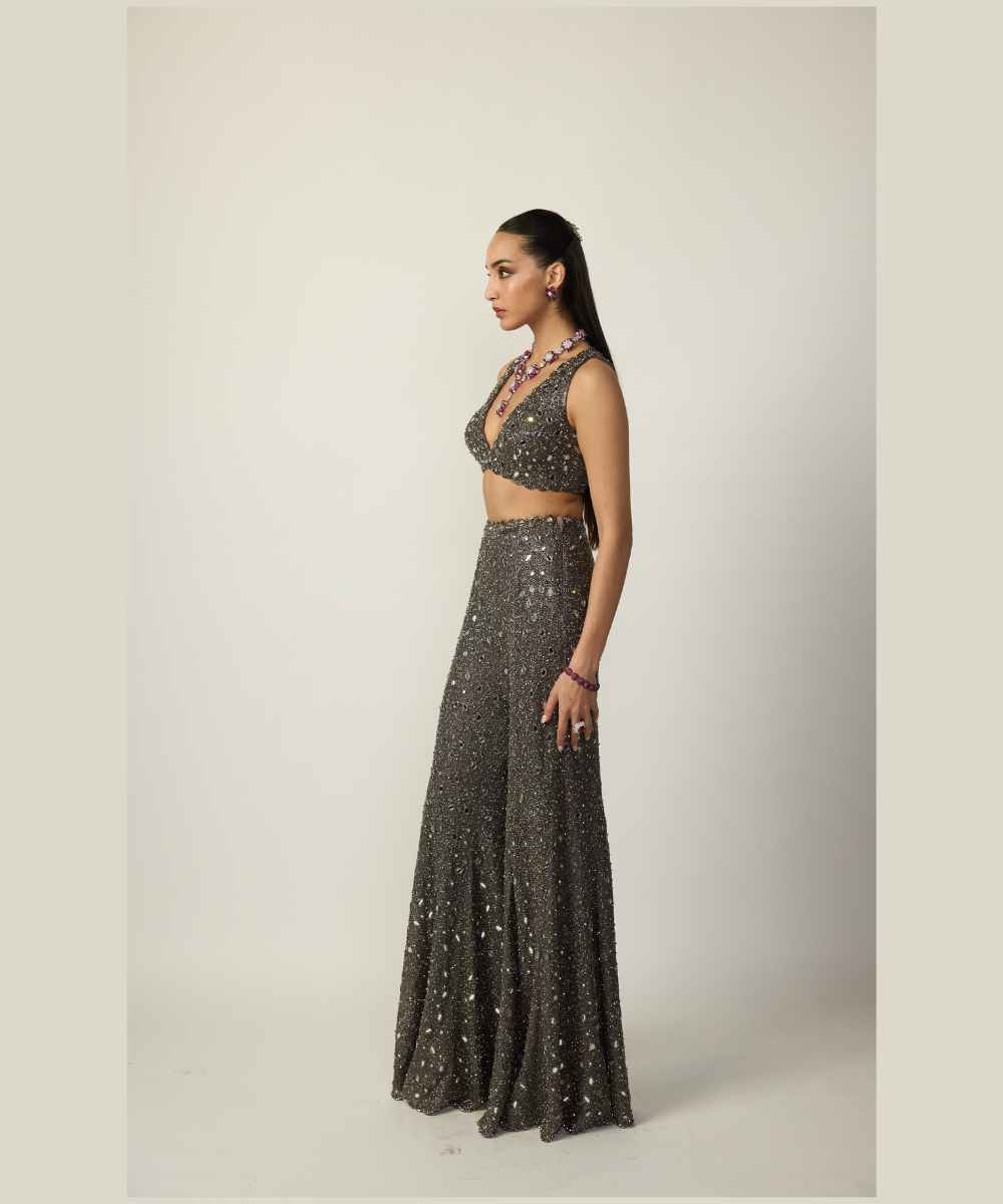 Metallic Grey Blouse Sharara Pant Set