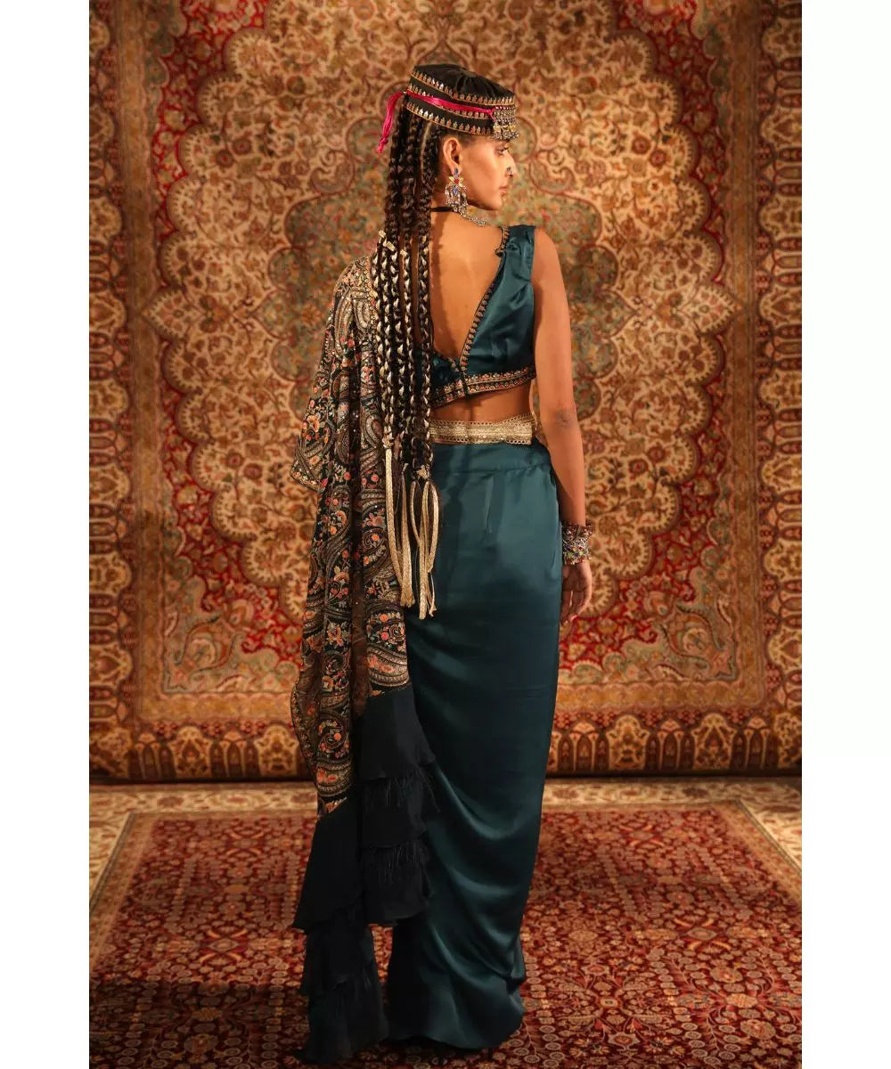 ADITI GUPTA - Teal Jamawaar Blouse with Draped Saree Skirt