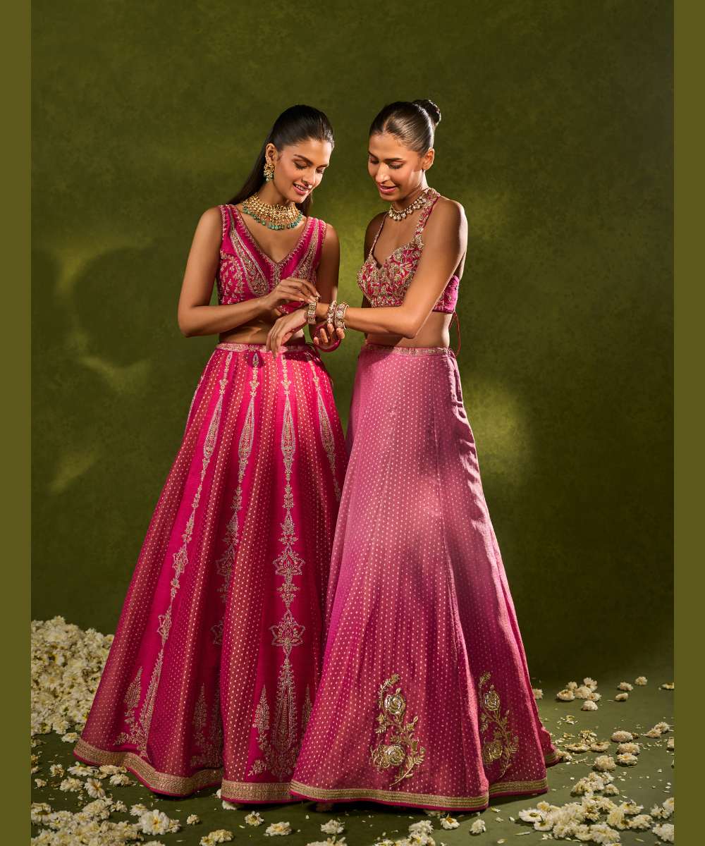 INARA LEHENGA - Light-to-dark pink ombré tissue jamewar lehenga -  Leher by Chamee and Palak