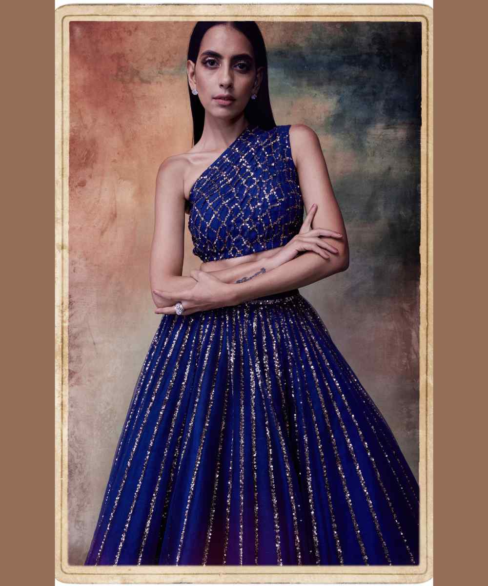 Midnight blue one shoulder crop top skirt set