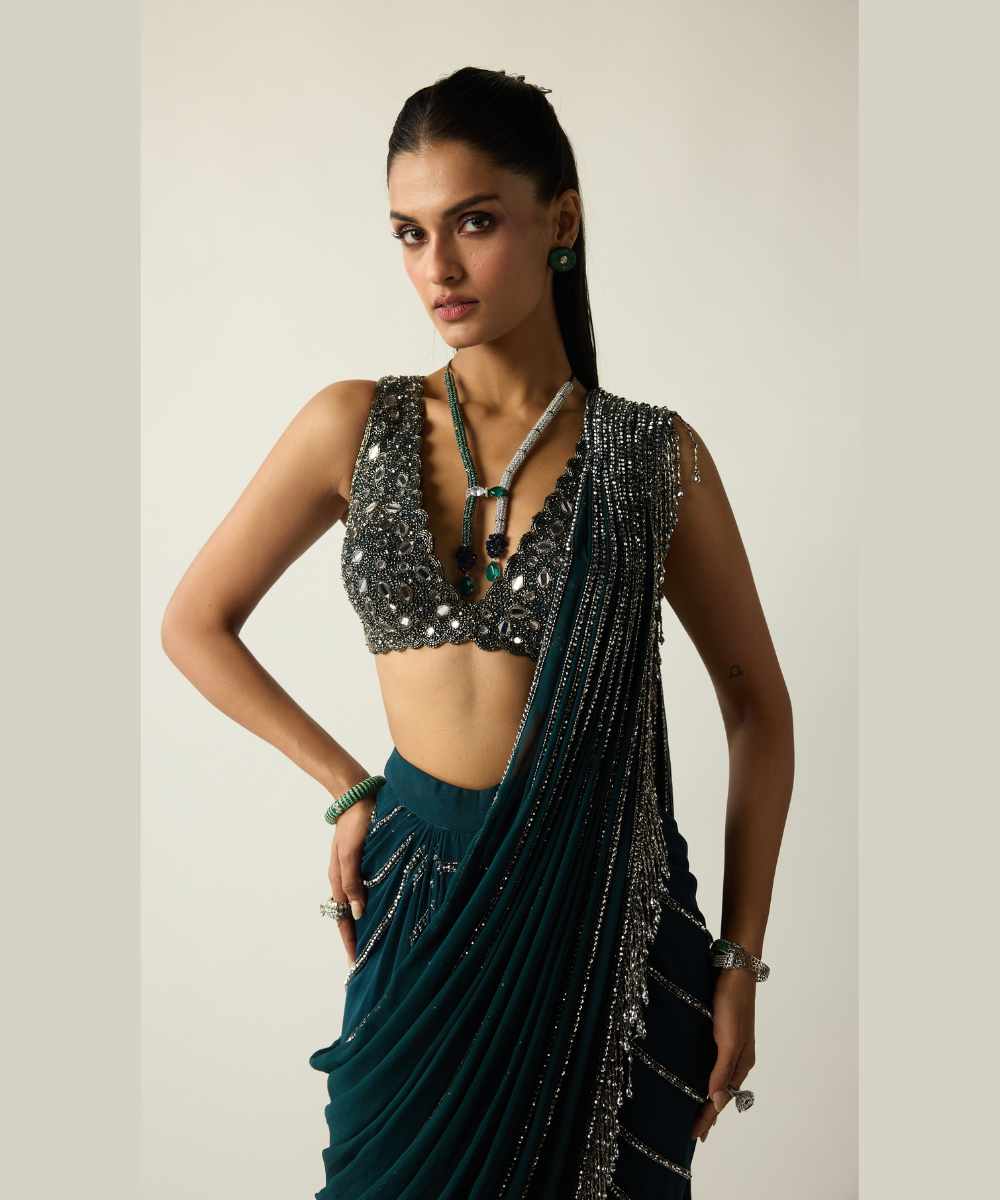 Dark Teal Linear Draped Saree