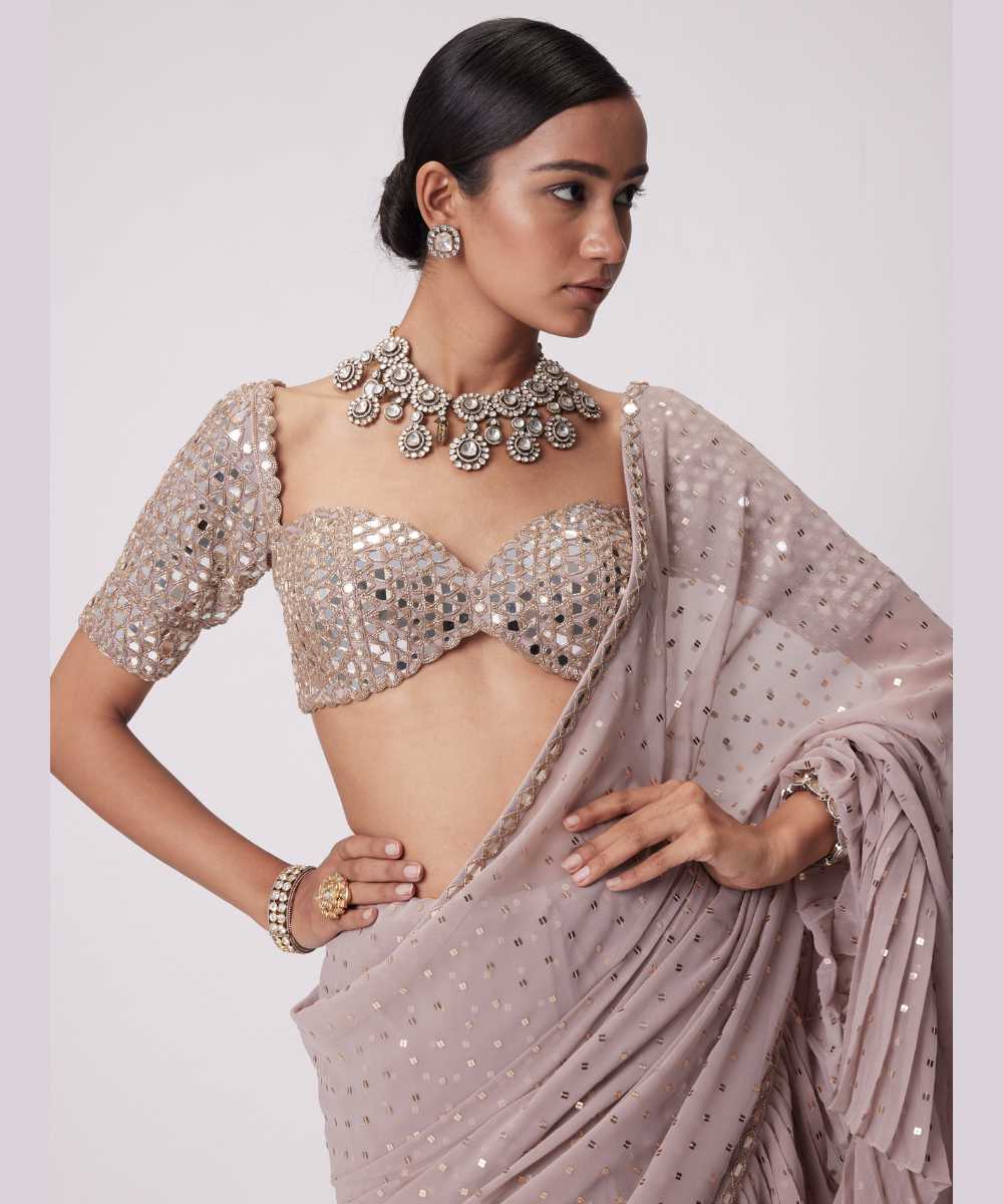 ASH PINK GEORGETTE FRILL SAREE SET -  Collection name Jugmug Bride by Vvani Vats