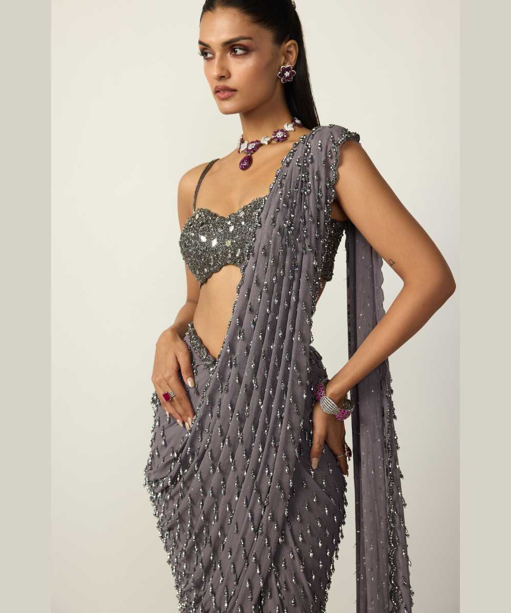 Metallic Grey Single Drop Draped Saree Set