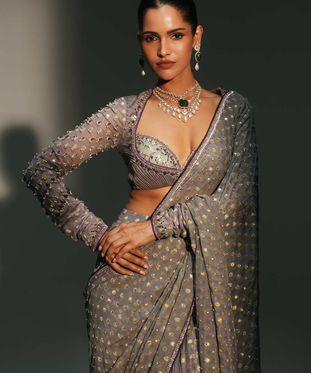 DRITI - PLATINUM HAND EMBROIDERED PREDRAPED SAREE - Mehfil by Mahima Mahajan