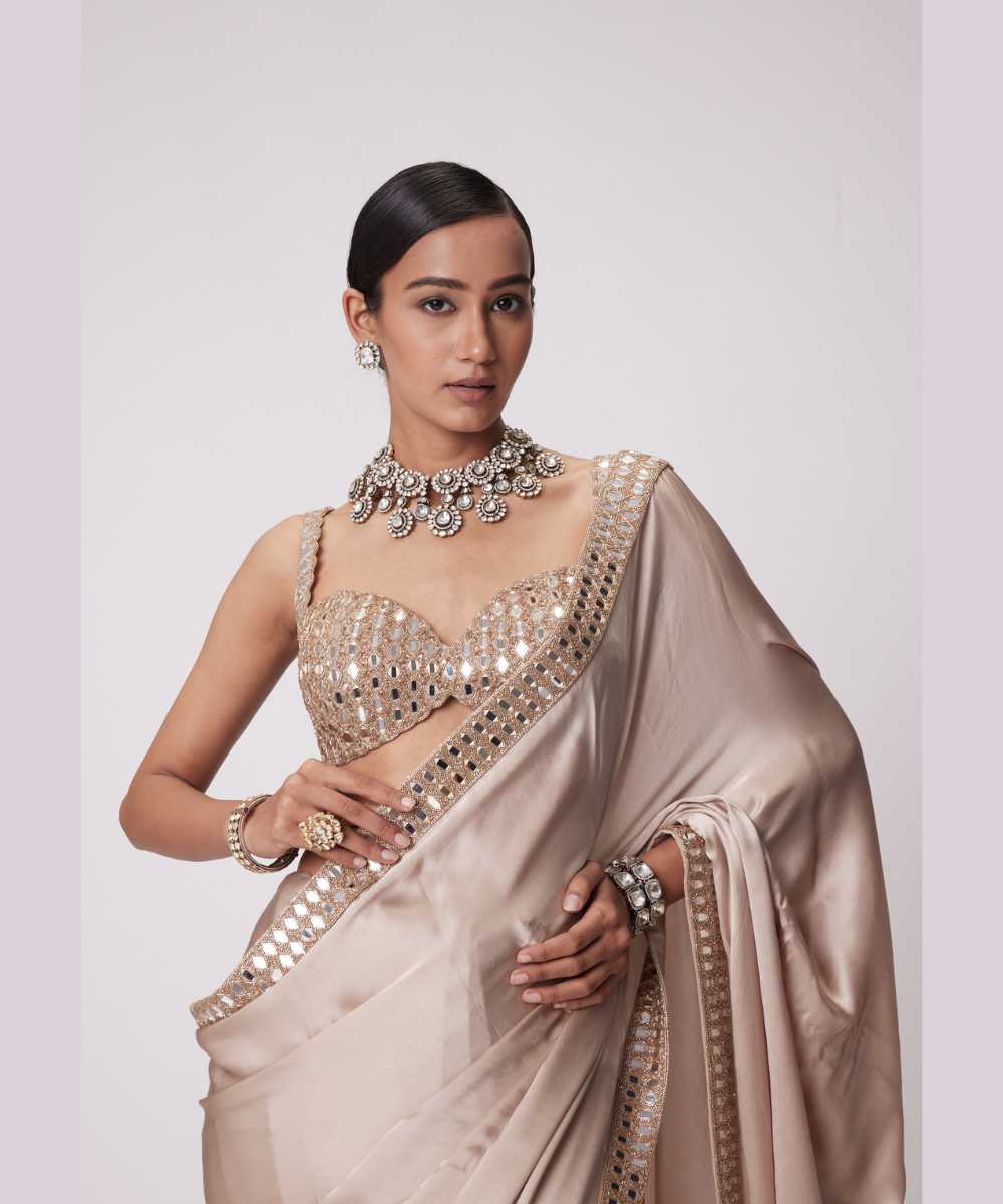 LIGHT BEIGE SATIN SAREE SET - Jugmug Bride by Vvani Vats