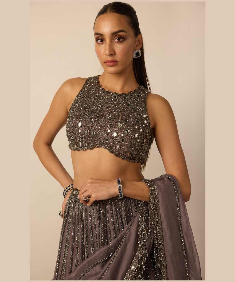 Metallic Grey Linear Lehenga Set