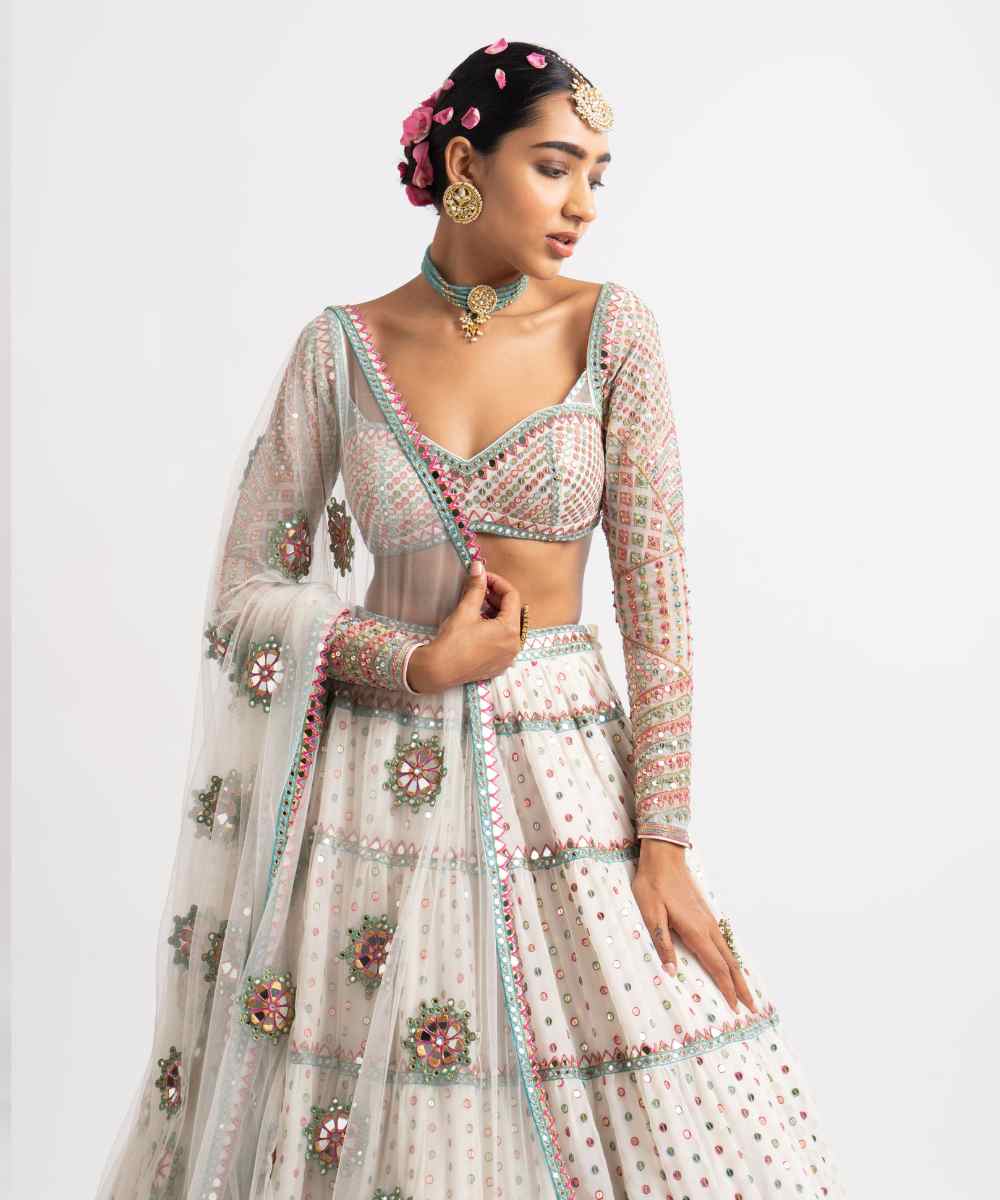 White Multi Tier Multi Color Lehenga Set - Collection name Rang by Vvani vats