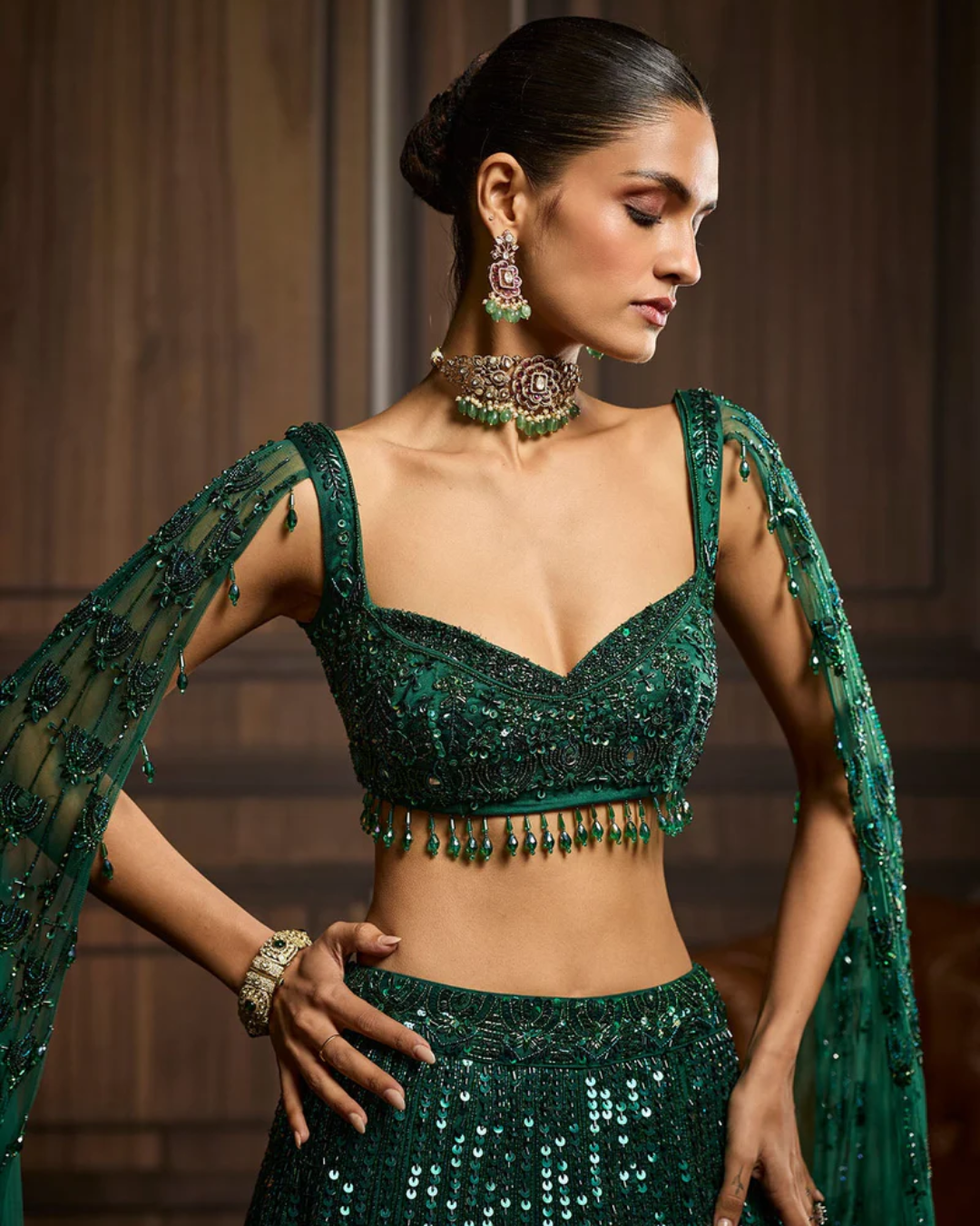 Diya Rajvvir - Emerald Green Embellished Lehenga Set from Taara