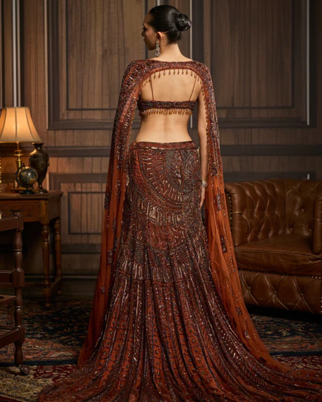 Diya Rajvvir - Caramel Brown Fully Embroidered Mermaid Trailskirt Set Taara